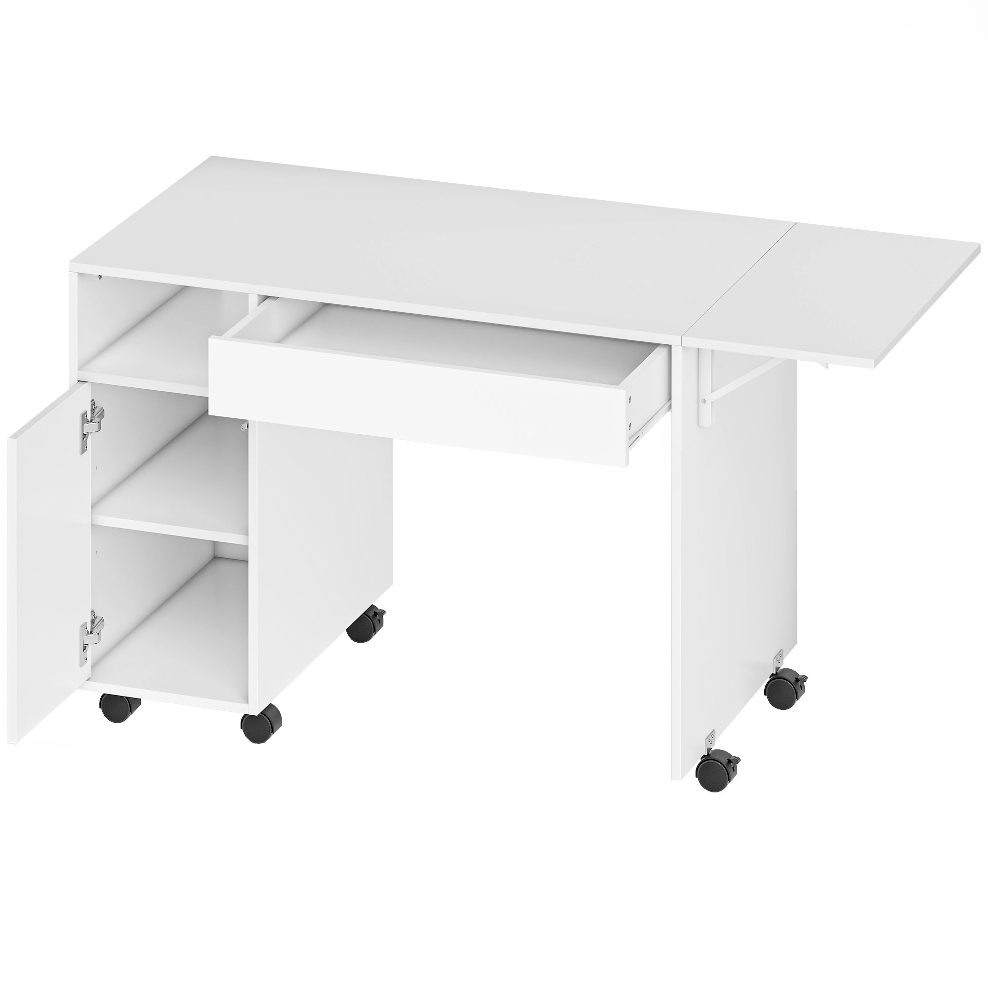 Rollbarer Computertisch, klappbarer Schreibtisch mit Schrank und Schublade, Spanplatte, Weiß