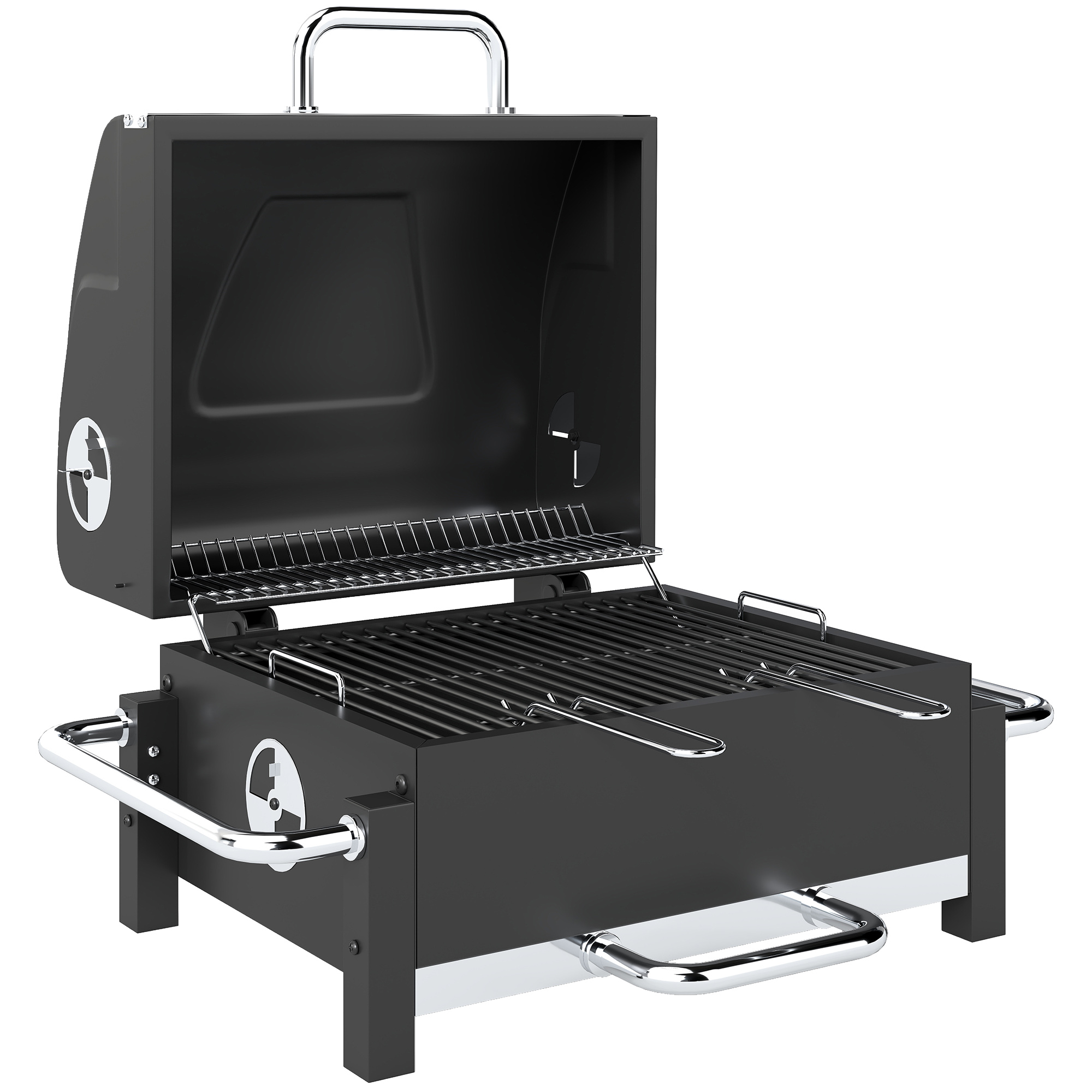 Holzkohlegrill aus Stahl tragbarer BBQ Smoker mit Deckel verstellbare Lüftung zweistufige Kohlepfanne Thermometer