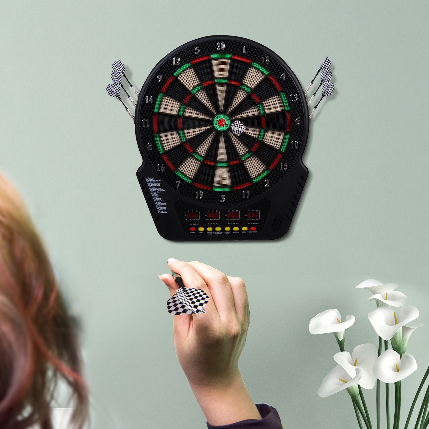 Elektronische Dartscheibe Dartboard Dart-set mit LED Anzeige mit automatischer Wertung Soundeffekte 6 Darts 24 Dartköpfe 27 Spiele und 243 Trefferoptionen für 16 Spieler 44 x 51,5 x 3,2 cm