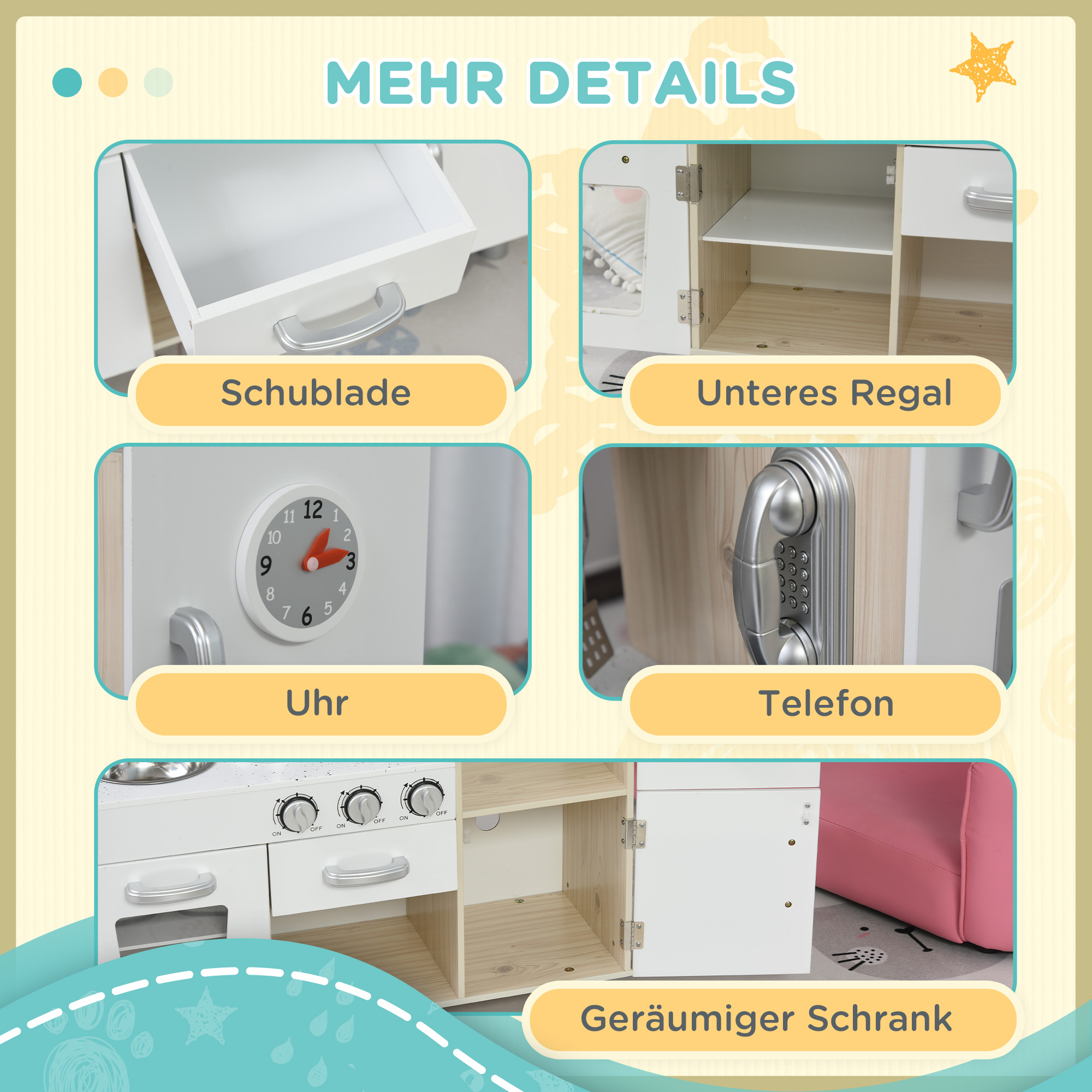 Kinderküche mit Zubehör, Traumküche, Spielküche, Spielzeugküche für Kinder ab 3 Jahren, Kiefer, MDF, Weiß, 74 x 30 x 81 cm