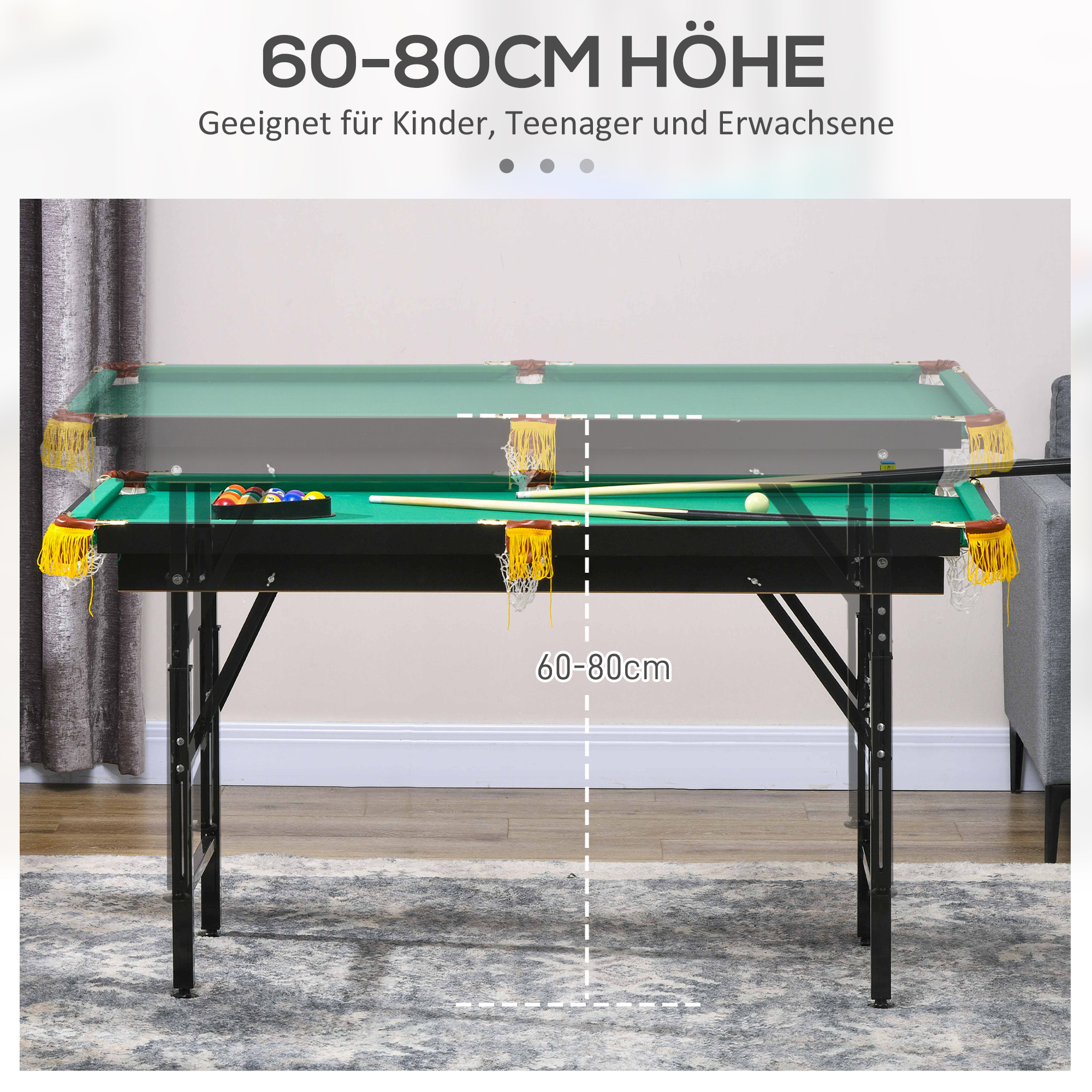2-in-1 Billardtisch, Tischtennisplatte, mit Zubehör, 140x63x80cm, Blau/Grün