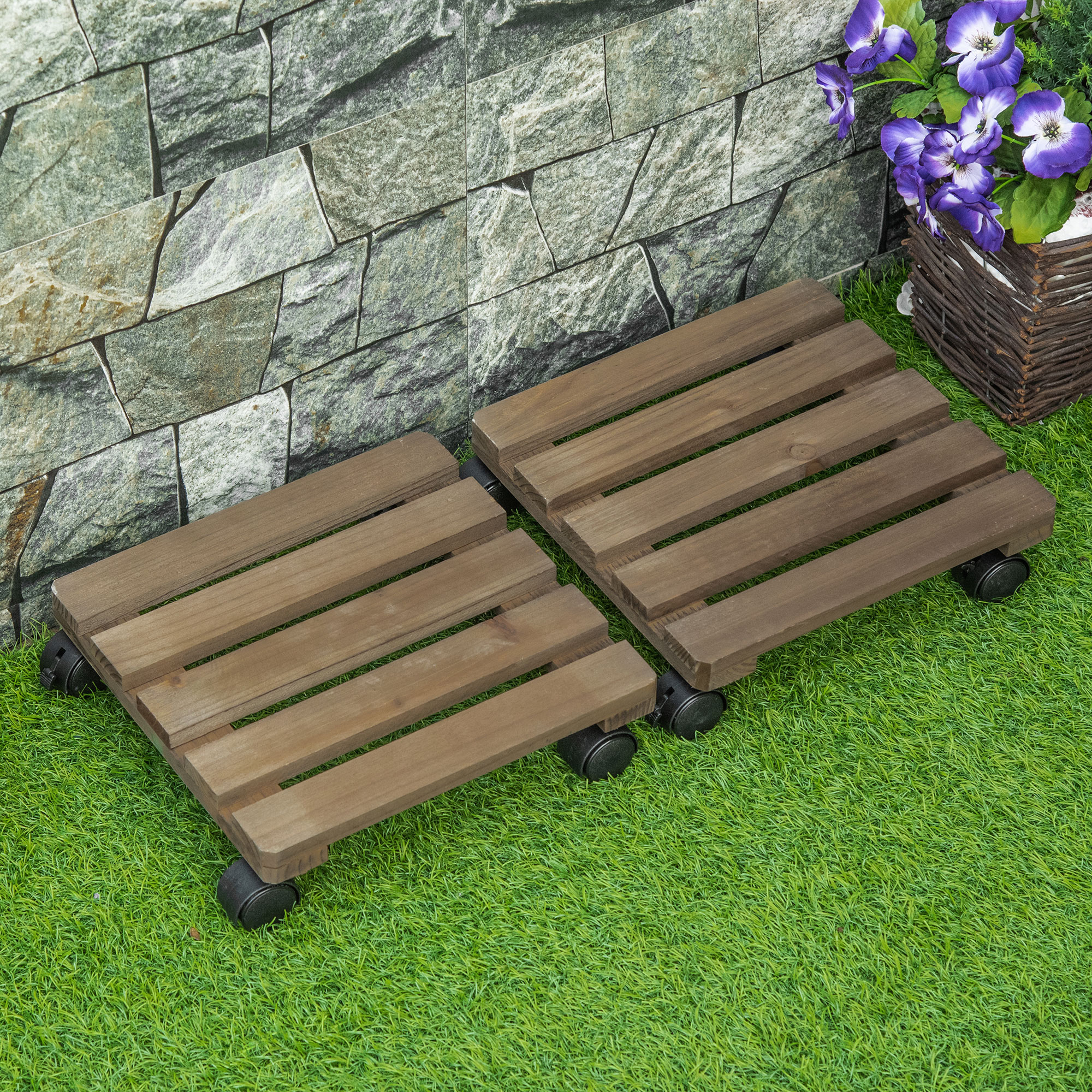 2er-Set rollende Pflanzenständer, Massivholz, 4 Rollen mit Bremsen, 30 cm x 30 cm x 7 cm, Braun + Schwarz