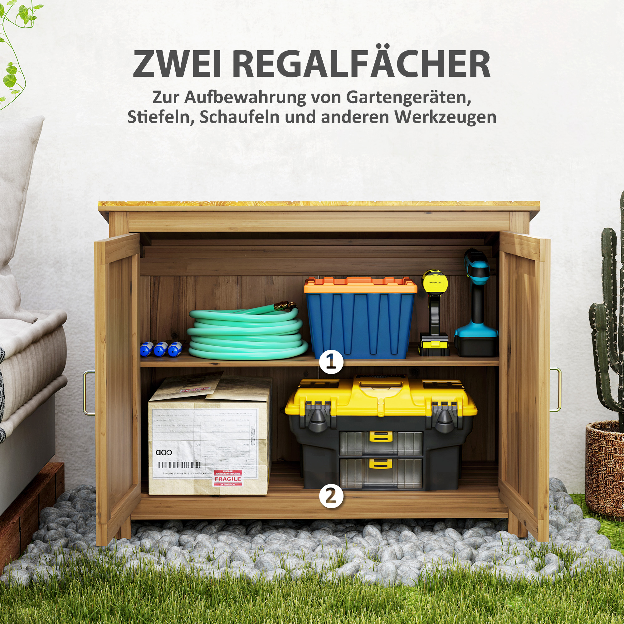 Gartenschrank, Holzkommode mit 2 Regalen für Garten, Terrasse, Wetterfest, 110 x 50 x 85 cm, Braun