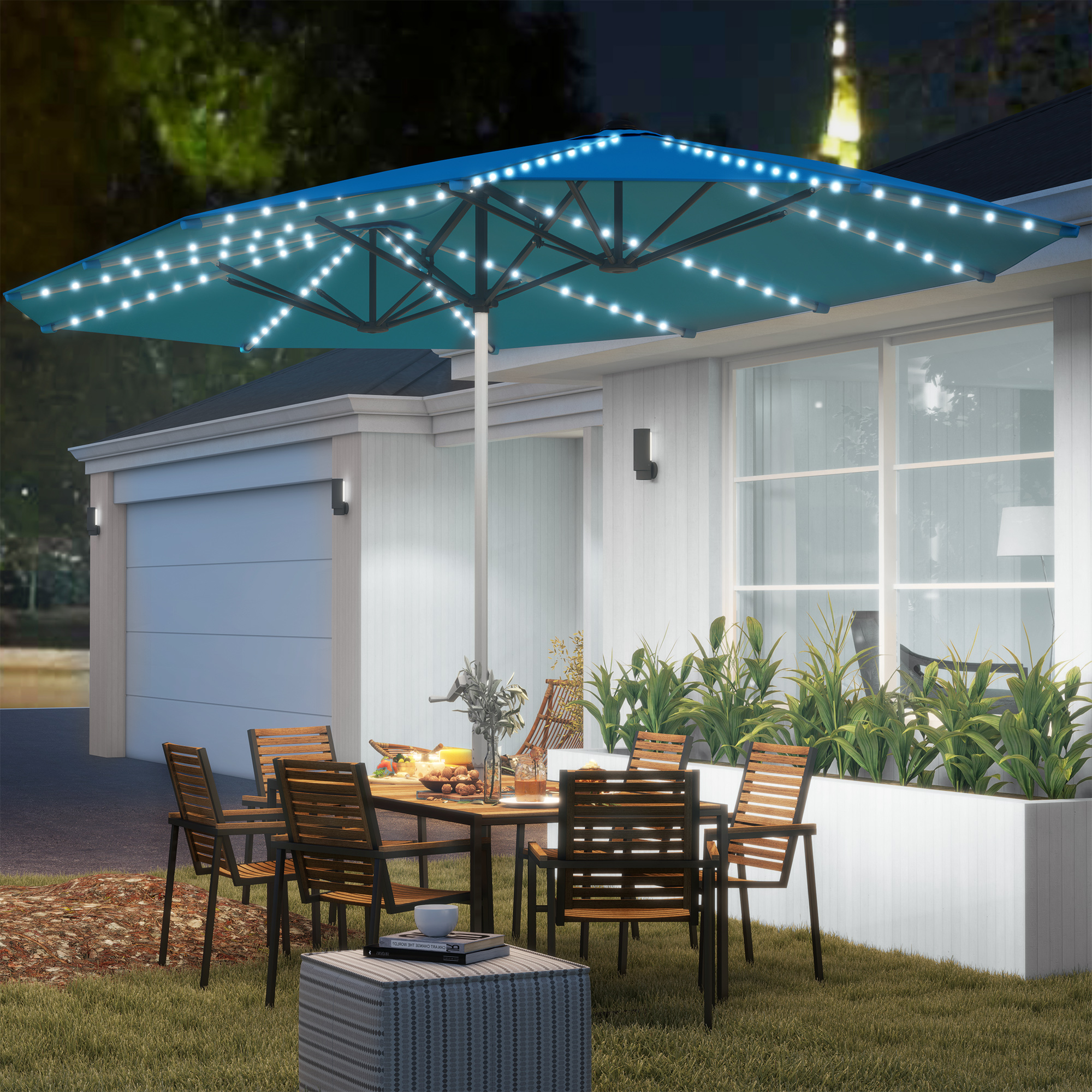 Doppelschirm mit Solar-Lichtern, Aluminium, Polyester, UPF50+ Schutz, UV-beständig, Terrassenschirm, Blau
