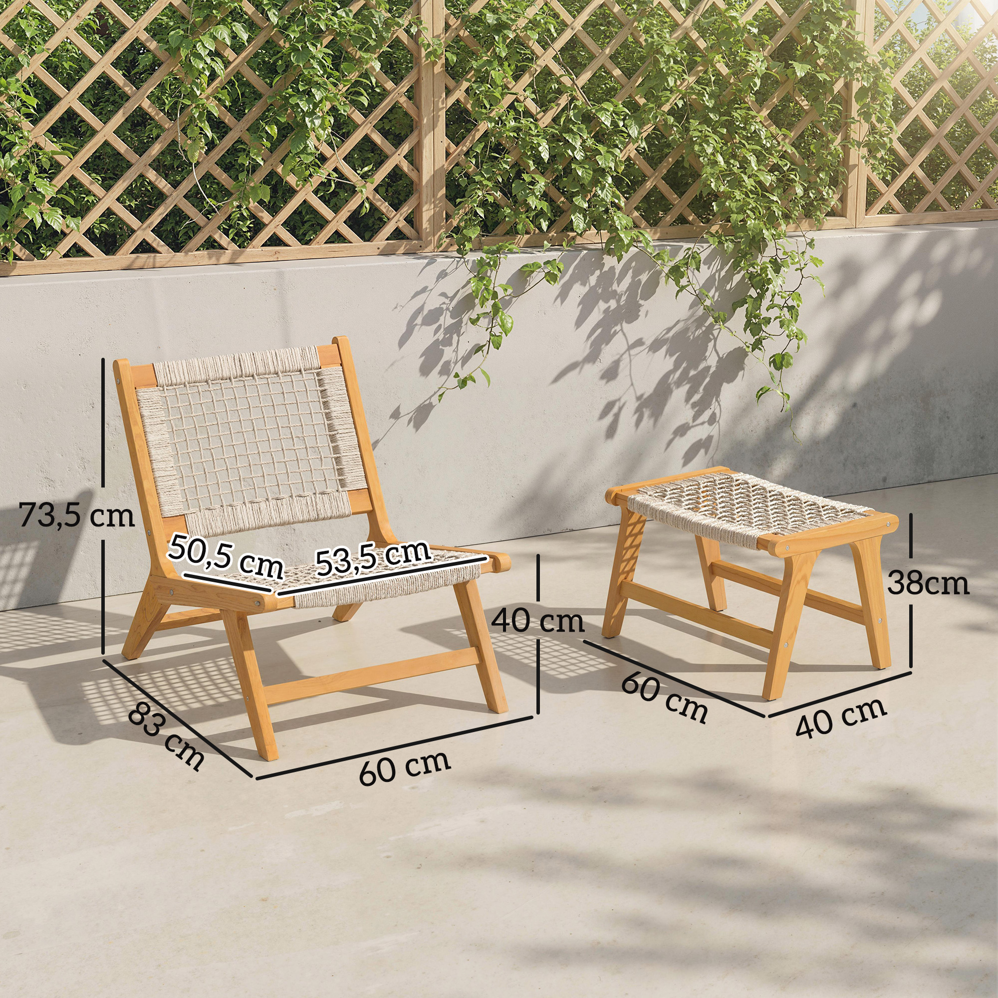 Gartensessel mit Hocker 2-teilig Akazienholz Outdoor Loungesessel mit Rattan-Sitz Boho-Stil verstellbare Füße