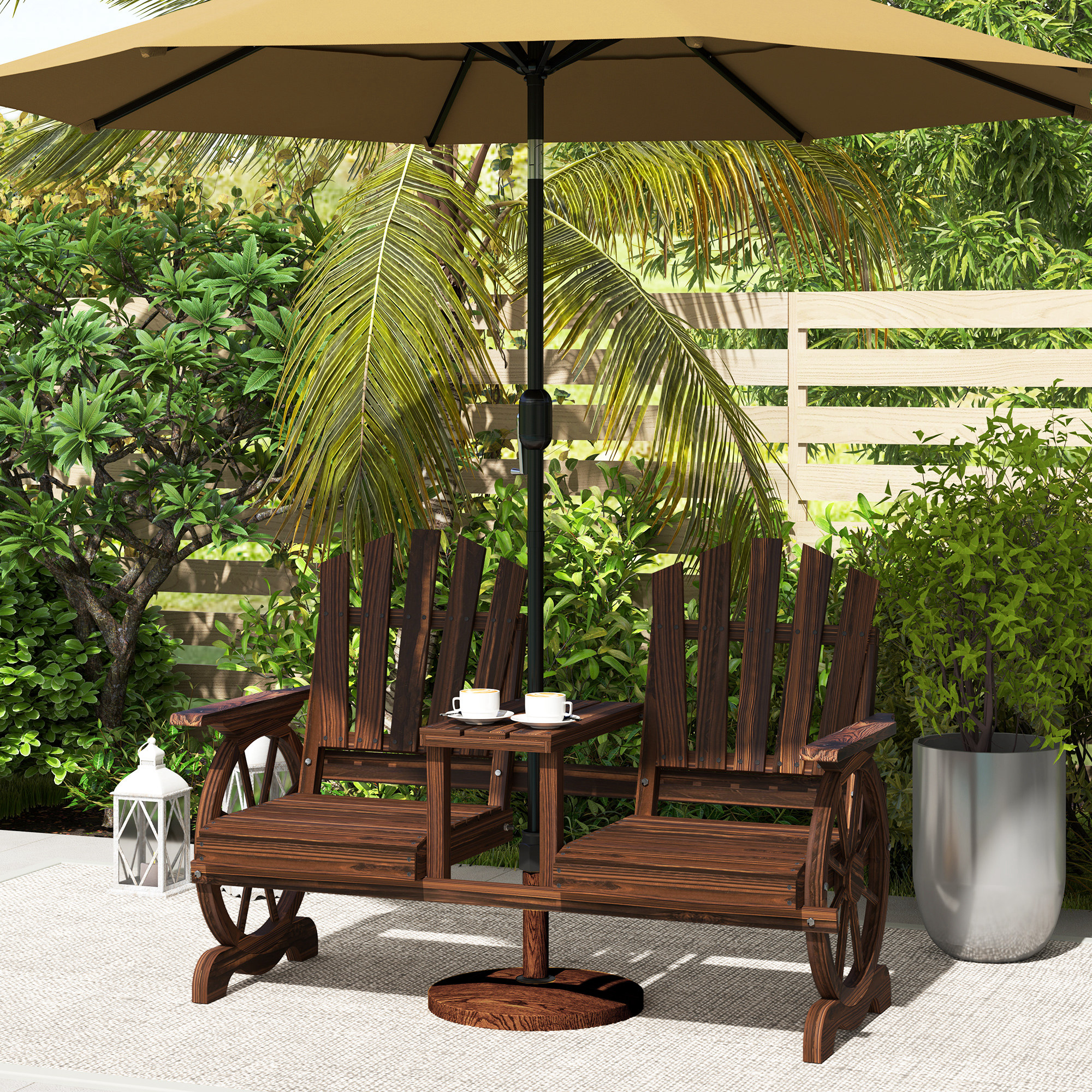 2-Sitzer Gartenbank Holz, wetterfest Sitzbank, mit Schirmloch, Beine im Wagenradform 154 x 65 x 102 cm Verkohlt