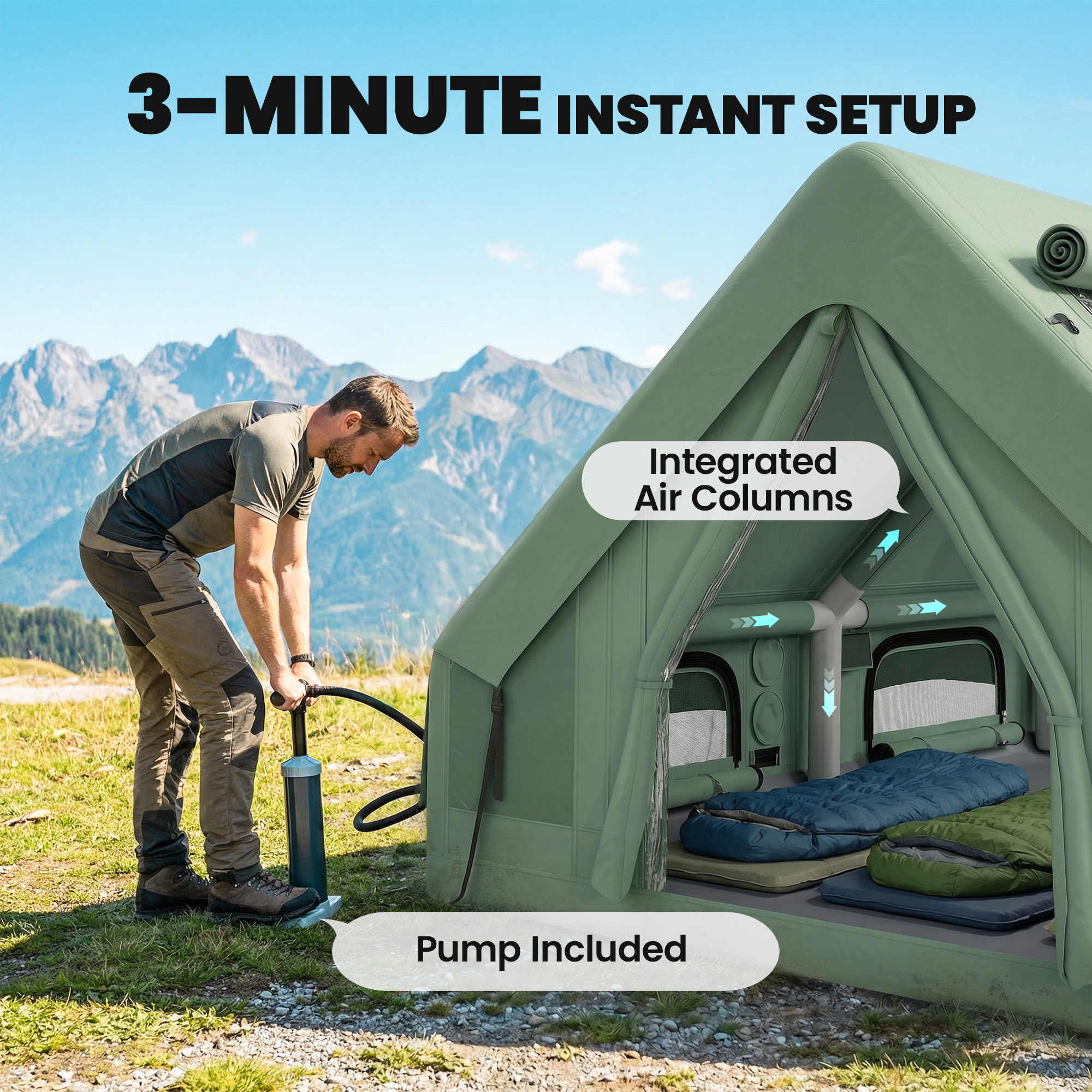 aufblasbares Zelt 8-10 Personen Schneller Aufbau 4-Jahreszeiten Wasserdicht Kratzfest Zelt mit Kaminöffnung Dachfenster