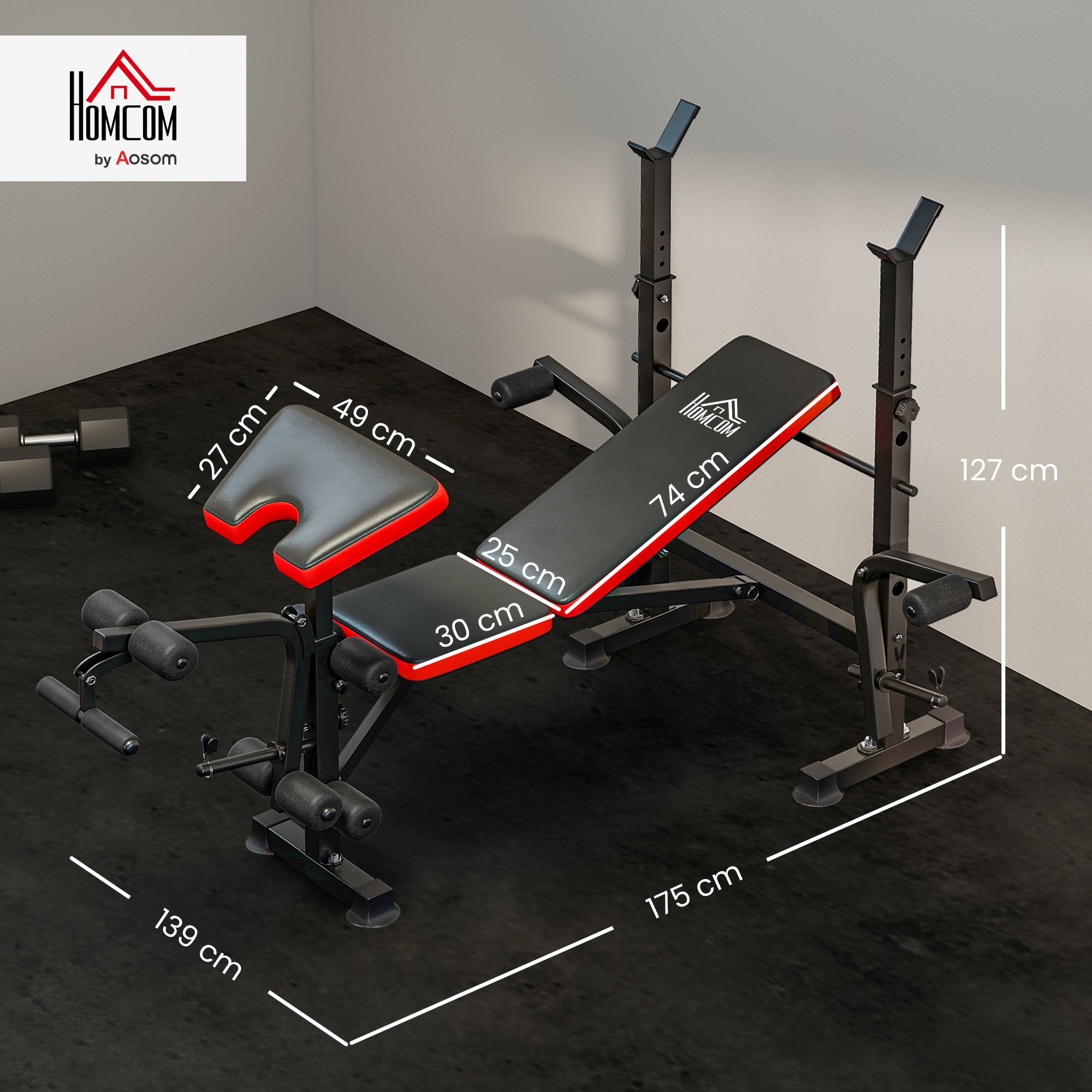 Hantelbank ohne Gewichte, verstellbare Fitnessbank für zahlreiche Übungen,  Workout-Station, Stahl, Kunststoff, Schwarz+Rot