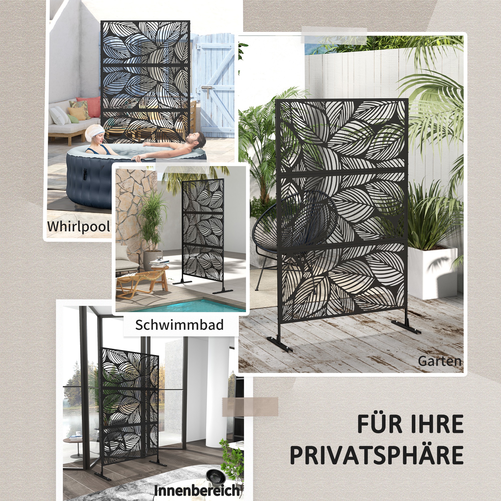 Sichtschutz Sichtschutz Garten Gartenabtrennung, florale Muster, Metall, 122 x 45 x 198 cm, Schwarz