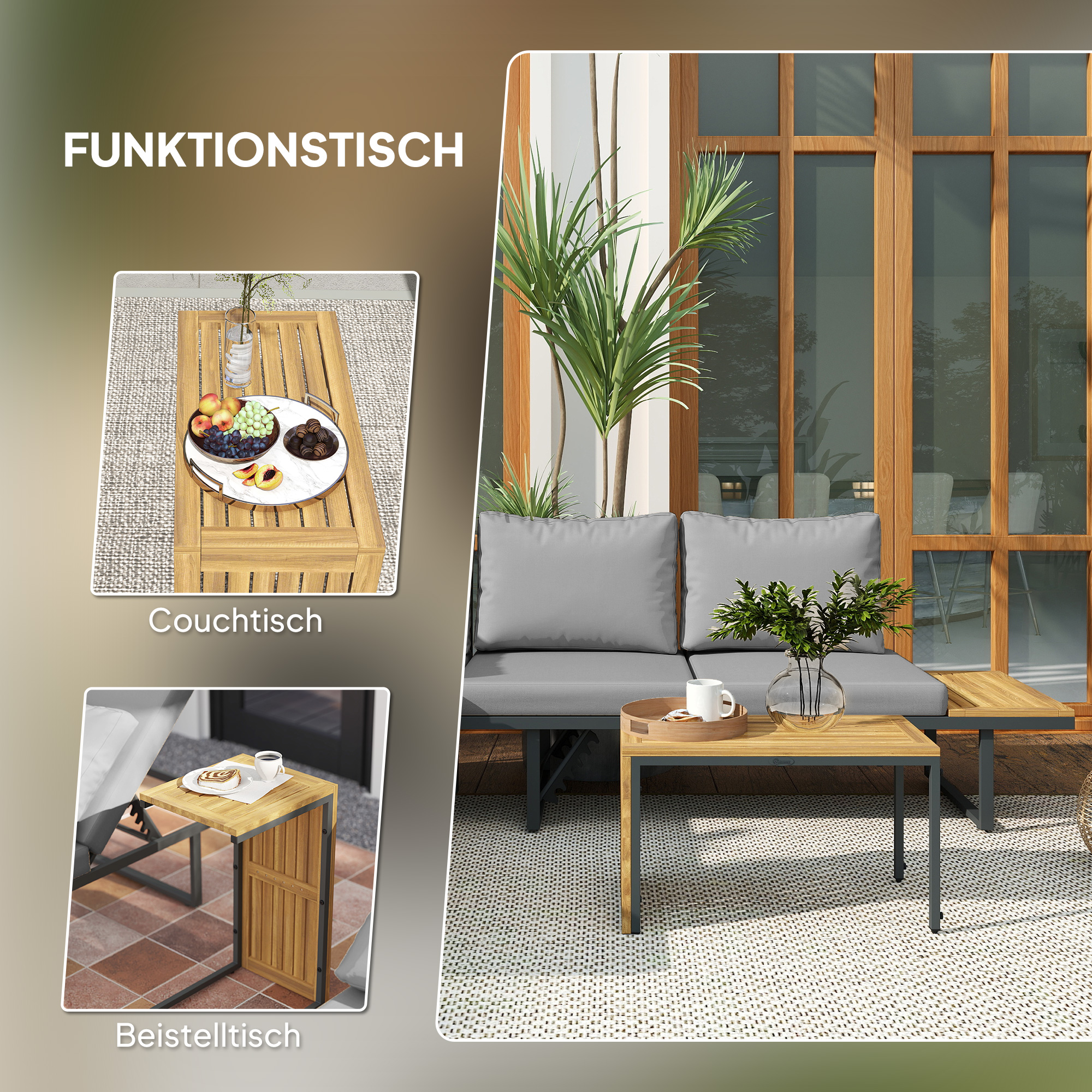 Außenmöbel-Set, auf 6 Sitze erweiterbar, L-förmige Outdoor-Sitzecke mit Tischen, Stahlrahmen, verstellbare Lehnen, Grau