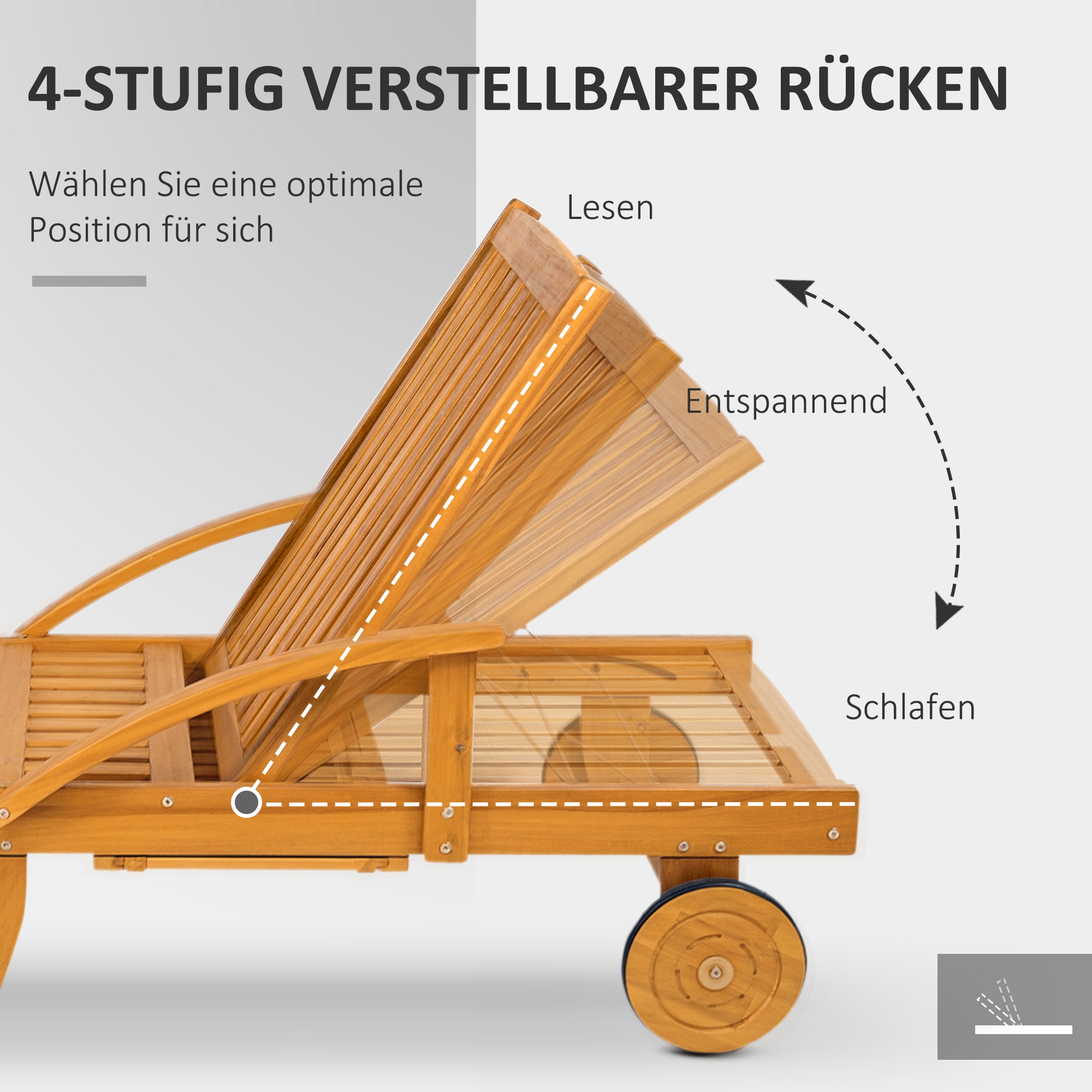 Sonnenliege Holz klappbar Gartenliege mit Seitentisch, Rolle, 4-Fach verstellbare Rückenlehne Teak