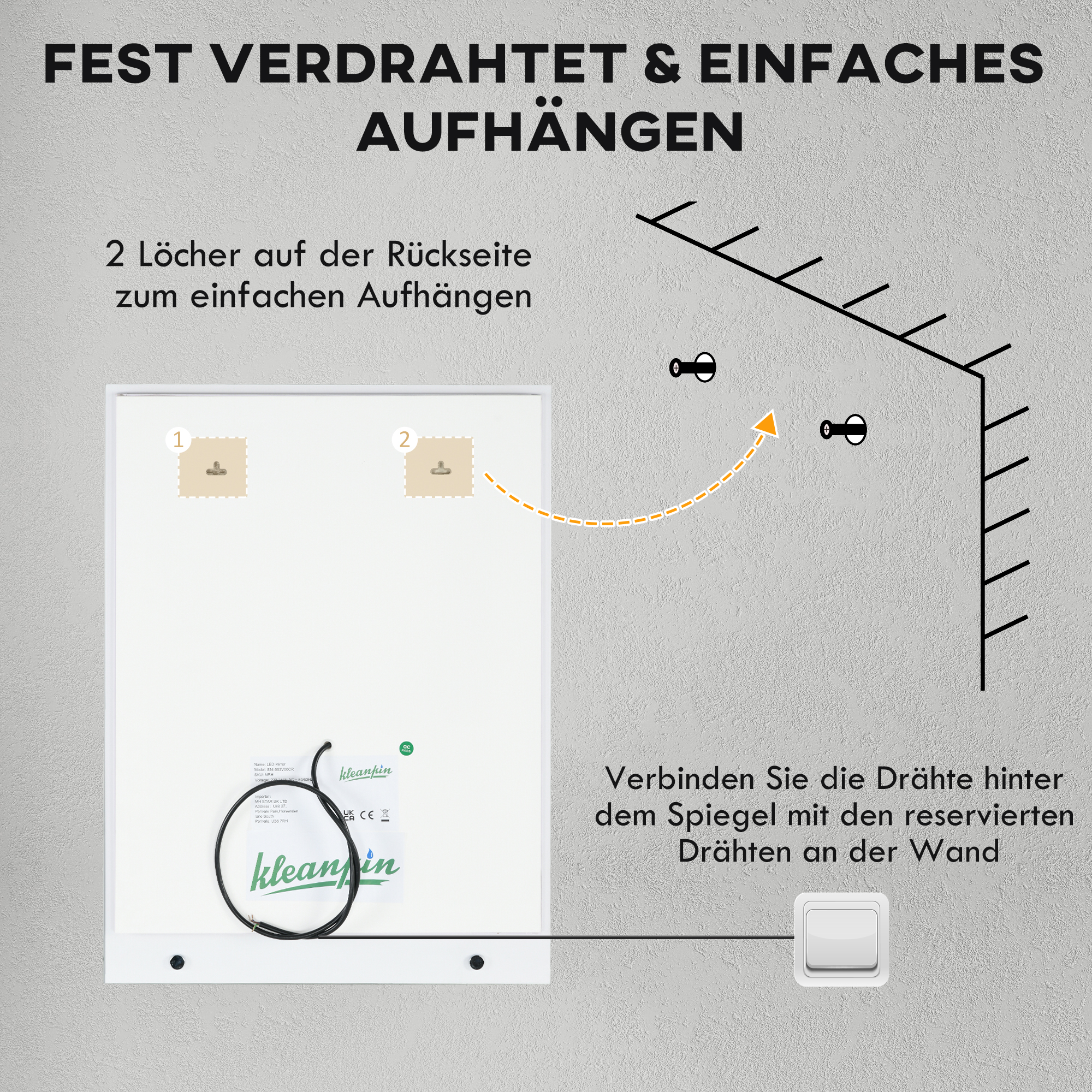 Badezimmerspiegel mit LED-Beleuchtung, 3 Lichtfarben, Antibeschlag-Funktion, verkabelt, 70 x 50 cm