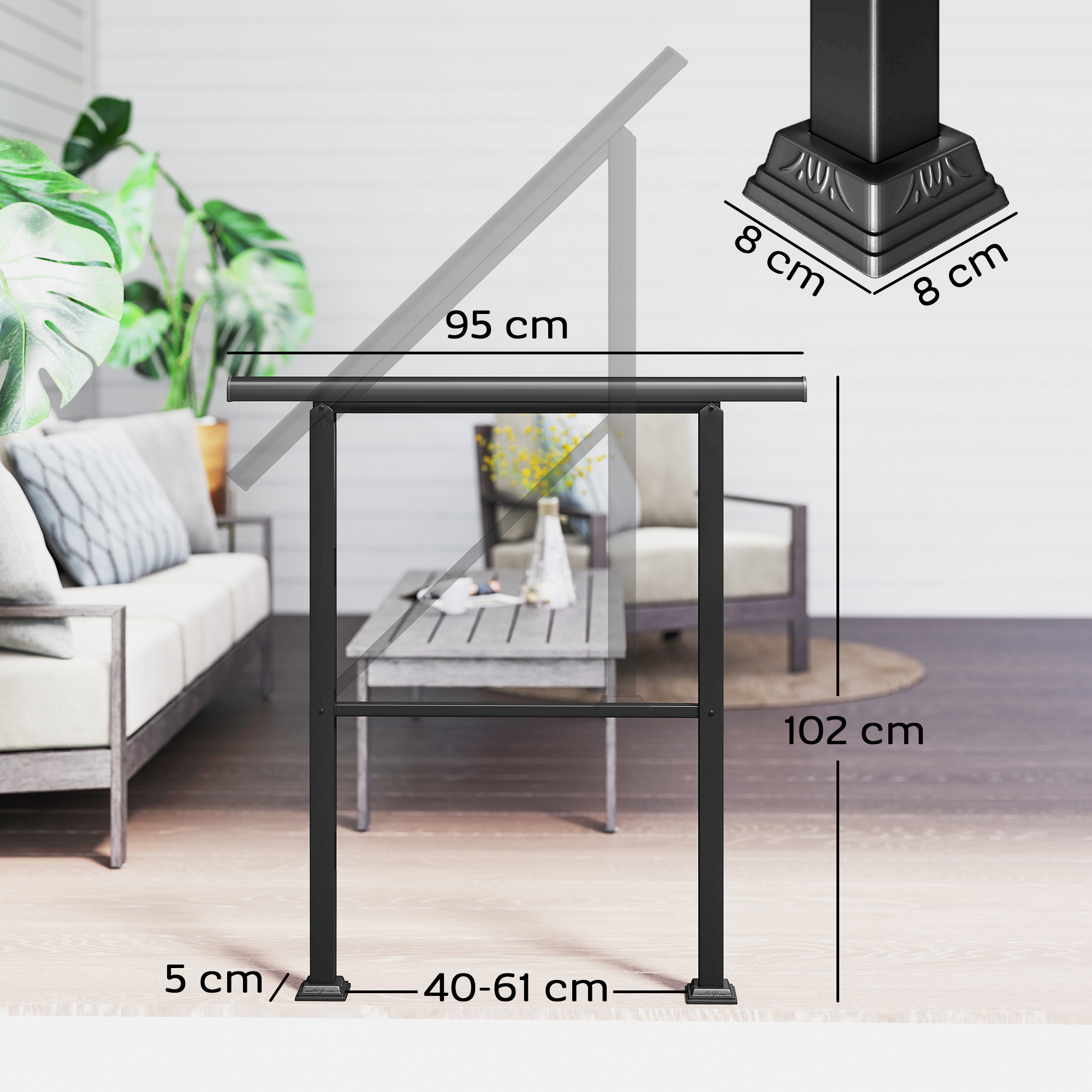 Treppengeländer für 2-3 Stufen, 94cm, Winkelverstellbar Handlauf Außen und Innen Metall Schwarz