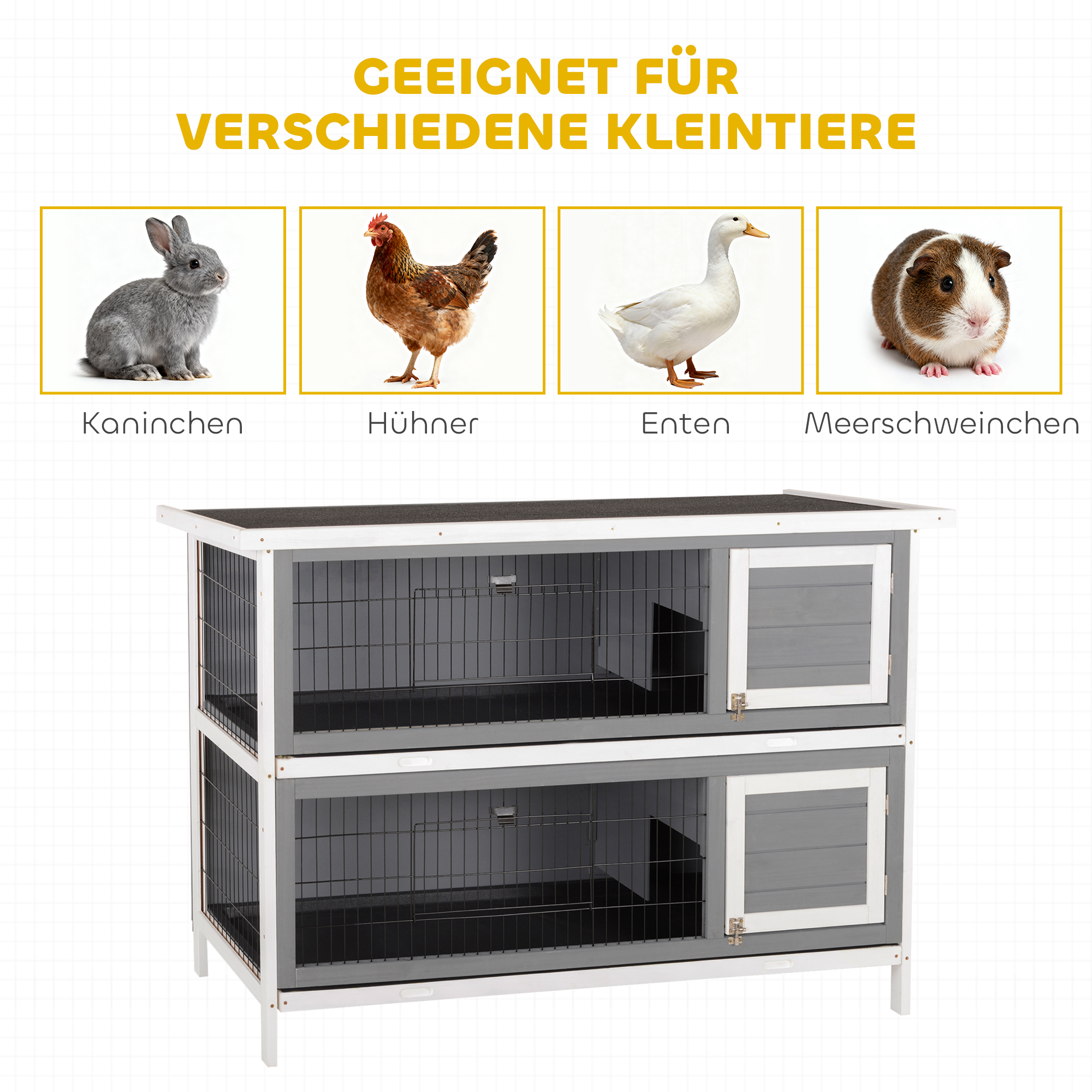 Kleintierstall für Meerschweinchen und Zwergkaninchen, doppelstöckig, Holz, Grau