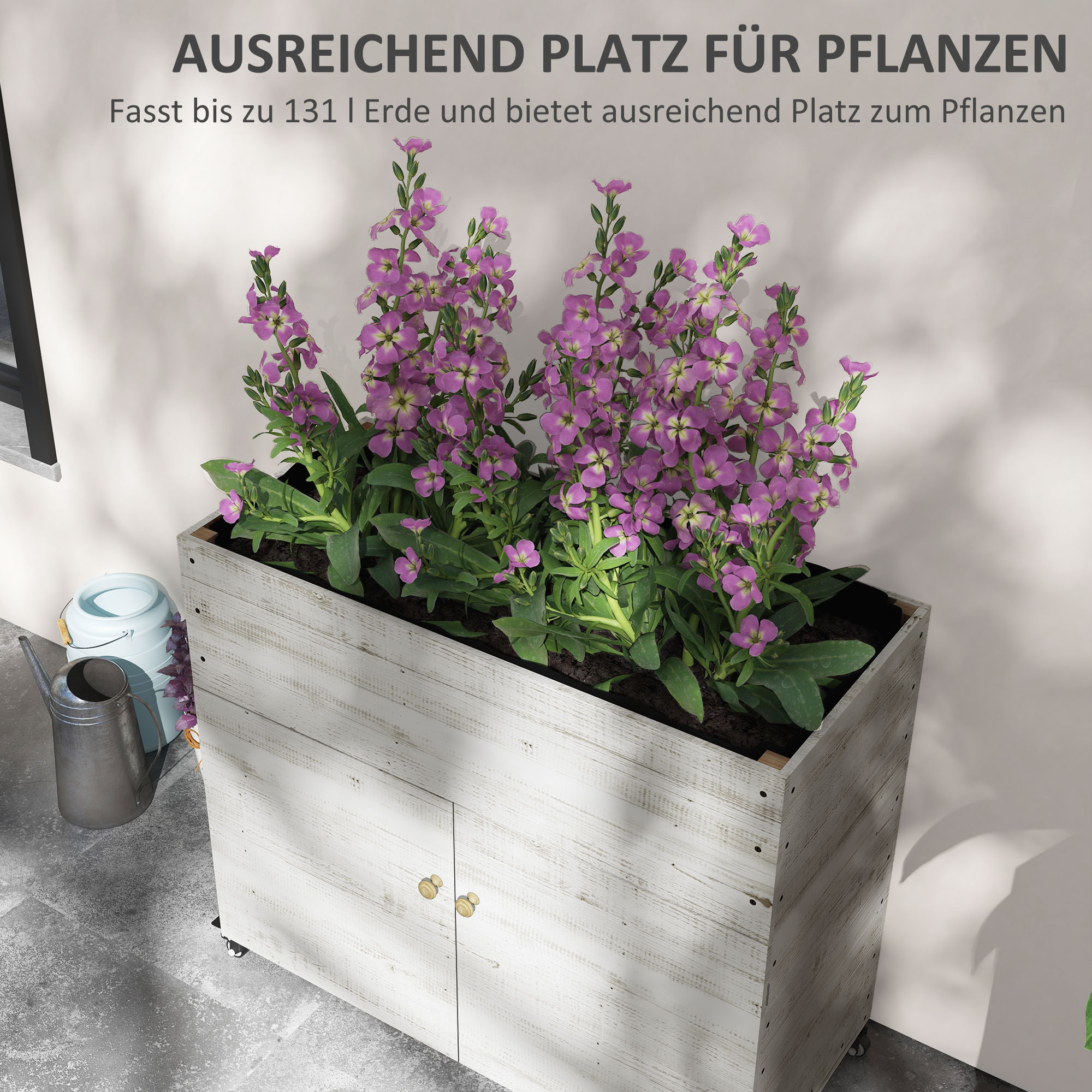 Hochbeet mit Rädern, Schrankfach, Innenauskleidung, Used Look, 110x50x95 cm, Weiß