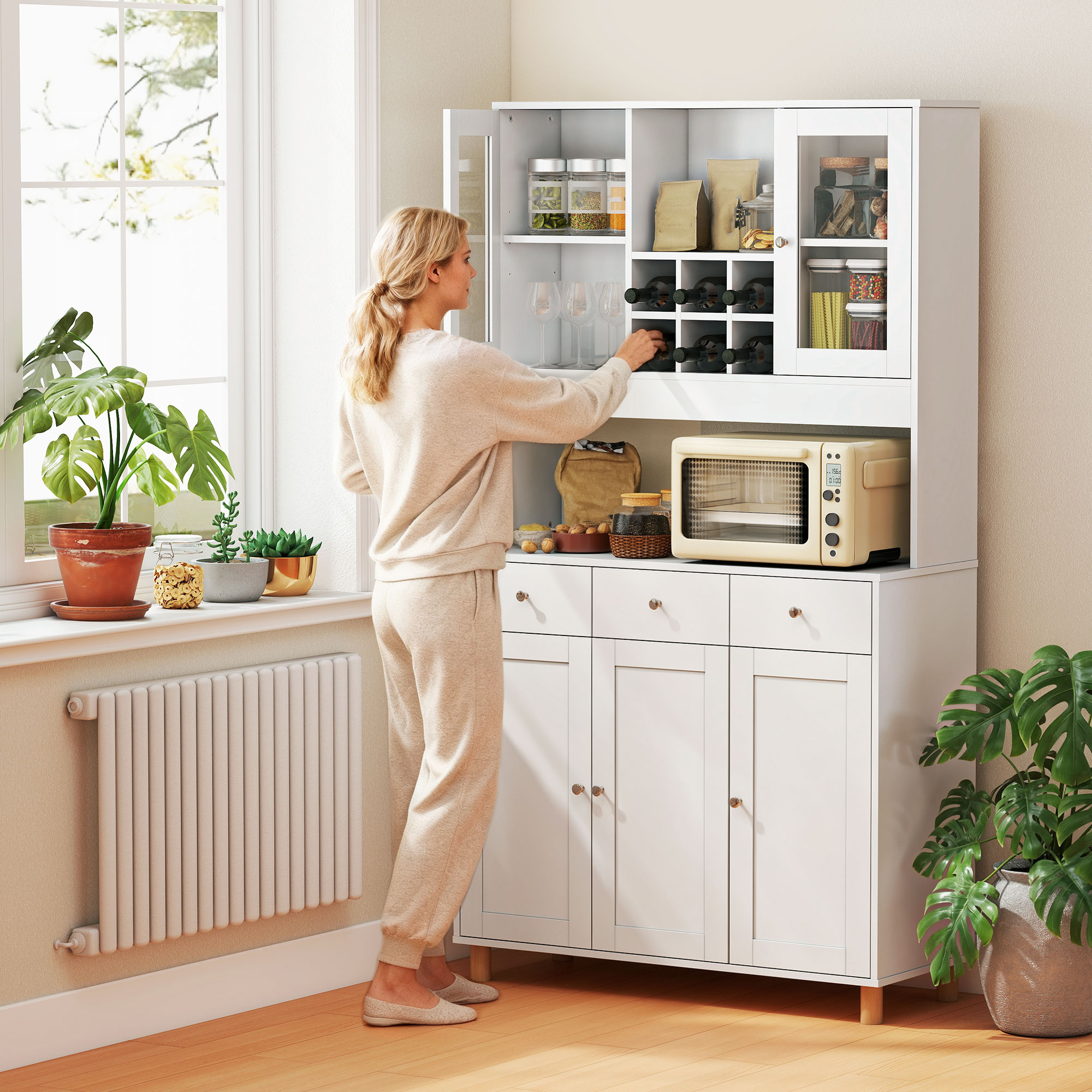 180 cm Küchenschrank, 2 Glastüren, 3 Schubladen, 4 verstellbare Regale, Esszimmerschrank, Spanplatte, Weiß