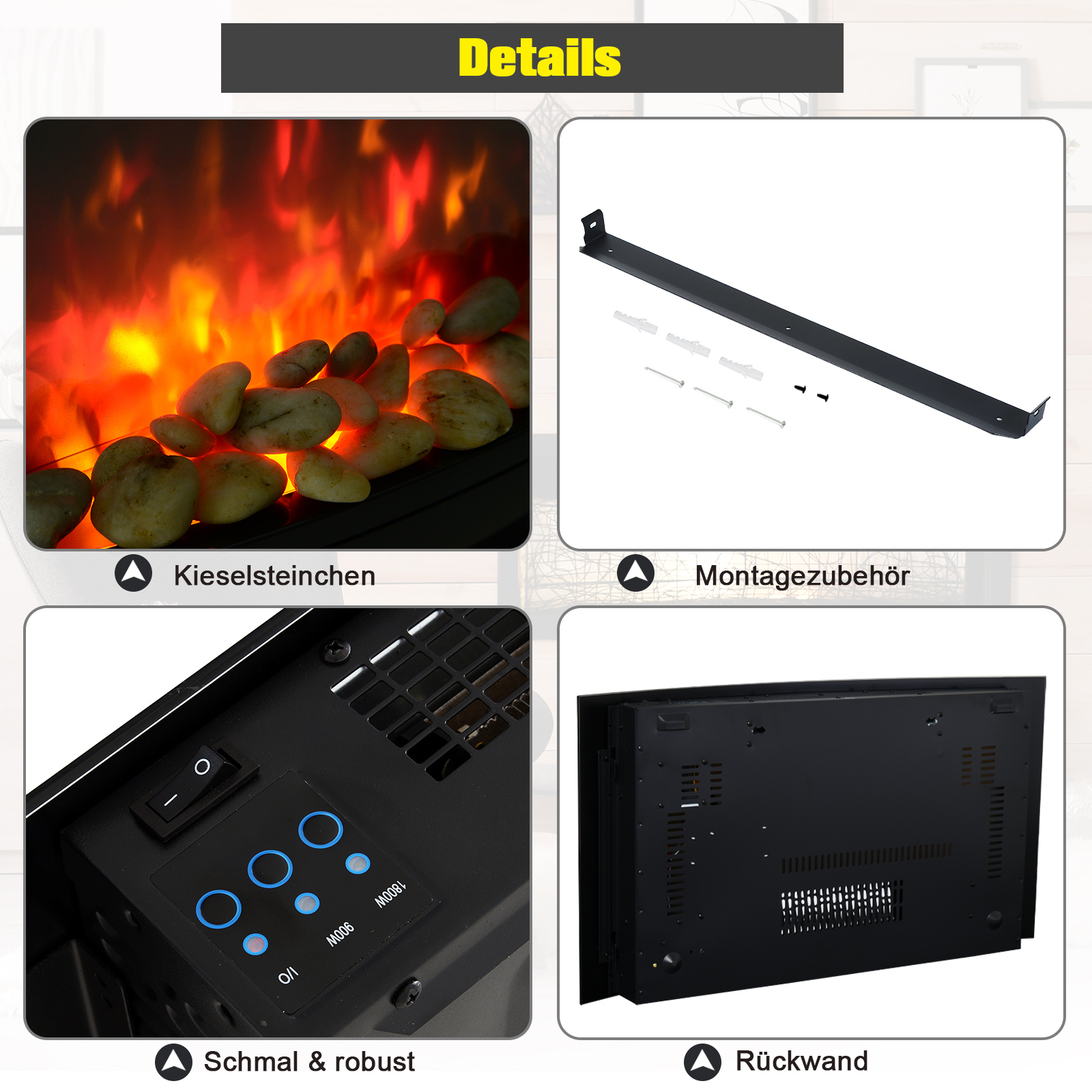 Elektrokamin mit Heizung, elektrischer Kamin mit 3D Flammeneffekt, 7 Flammenfarben, 900/1800 W, Wandkamin mit Timer, Dekokamin mit Fernbedienung, Schwarz, 65 cm