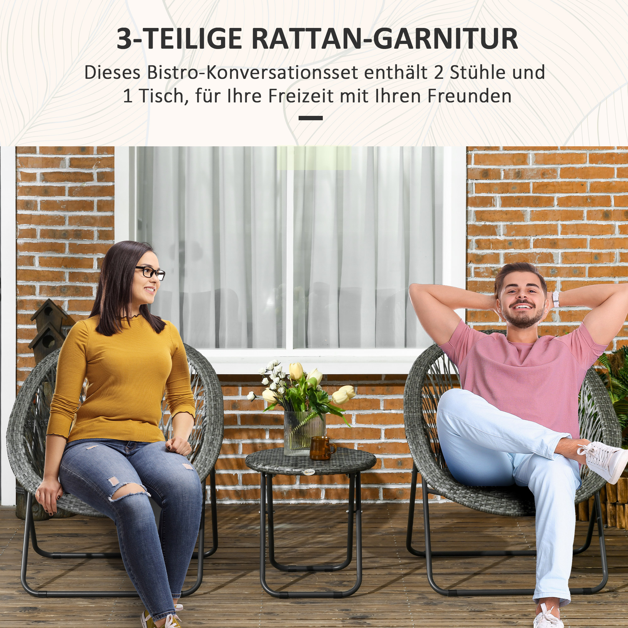 Gartenmöbel-Set, 3-teilig, Rattanoptik, 2 Stühle, 1 Tisch, klappbar, Grau