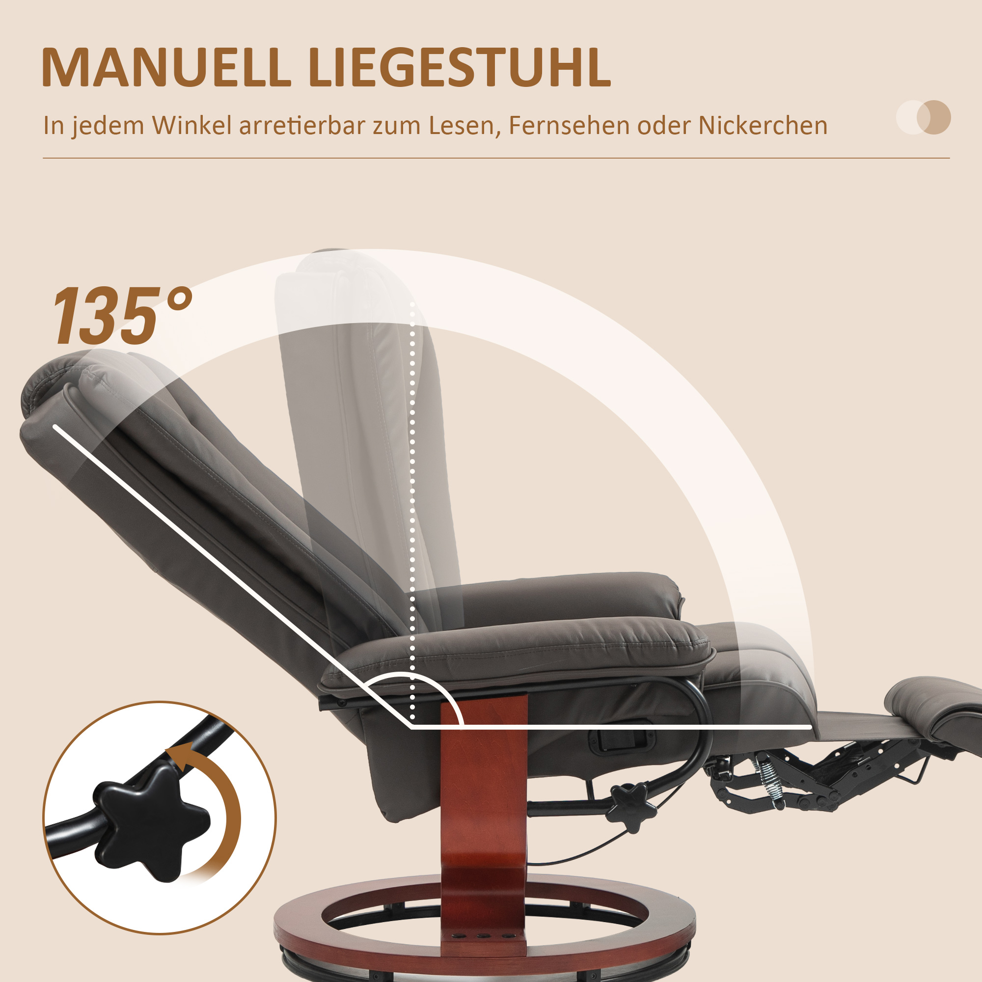 Relaxsessel mit Liegefunktion, drehbar, bis 150 kg, Kunstlederbezug, Stahlrahmen, Braun