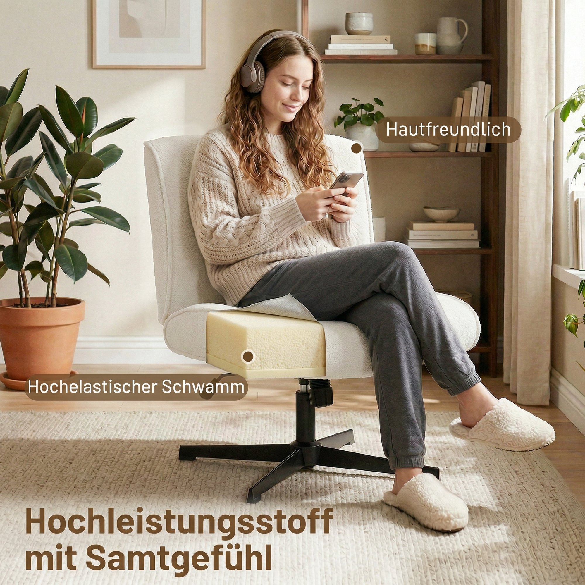 Drehbarer Akzentstuhl, Samtgepolsterter Lounge-Sessel mit Höhenverstellung für Wohnzimmer, Büro, Cremeweiß