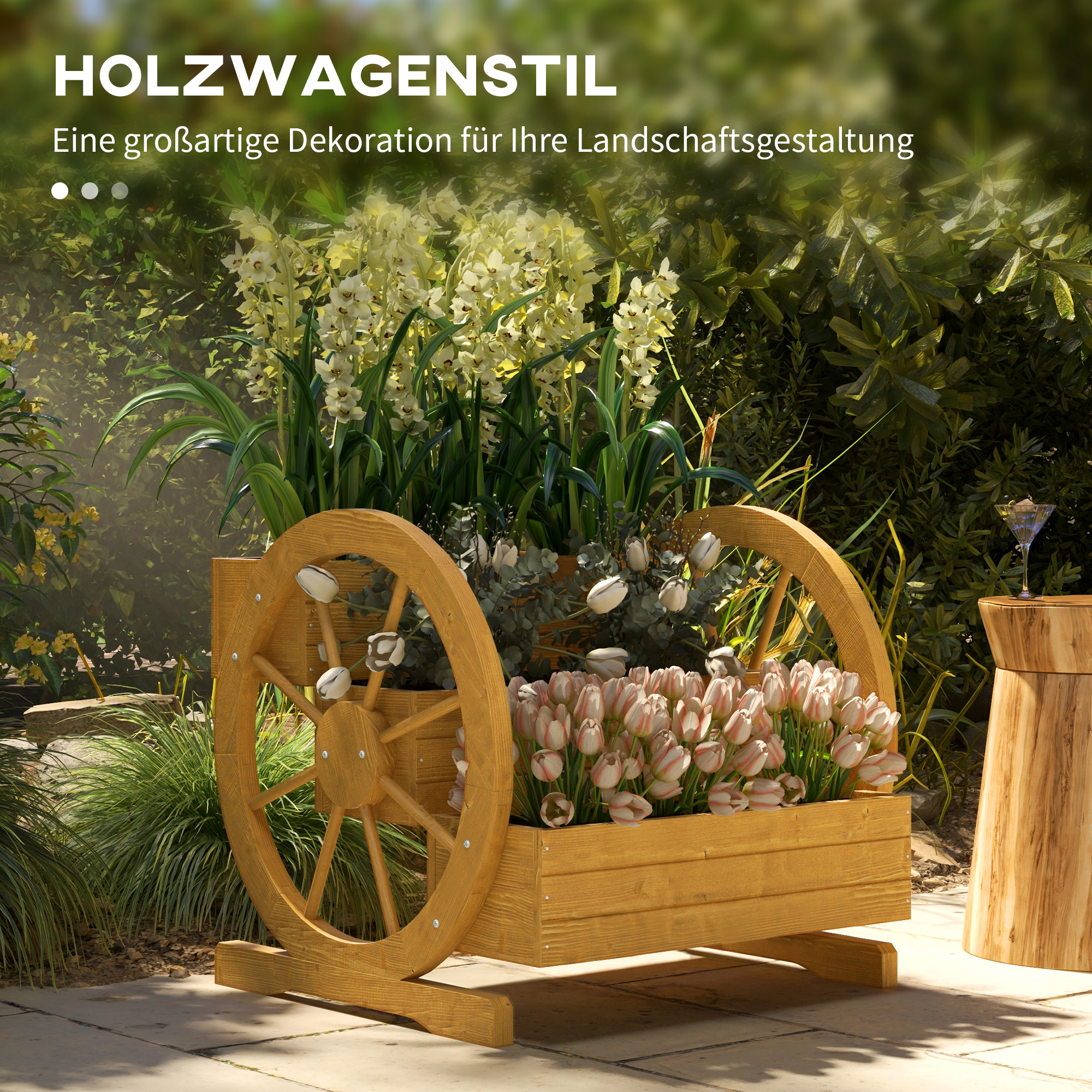 Hochbeet, 3 Etagen, Wagenrad-Dekor, Naturholz, 62 x 61 x 57 cm