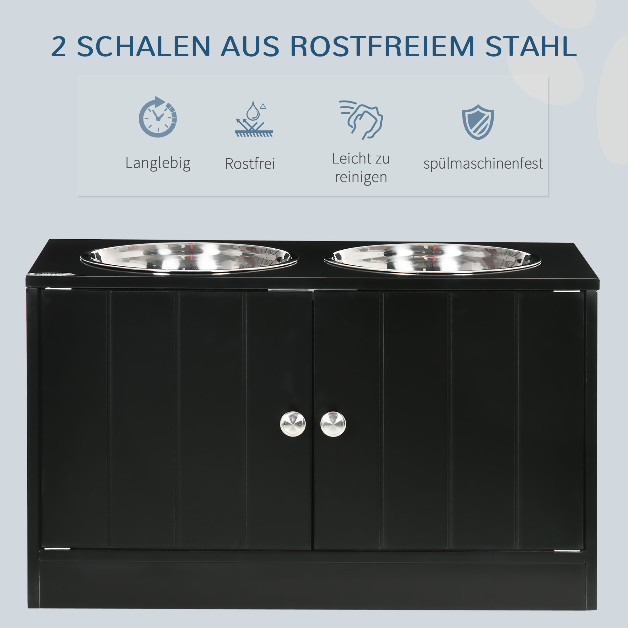 Erhöhte Futterstation mit 2 Edelstahlschüsseln und 44 L Stauraum, Magnettüren, für große Hunde, Schwarz