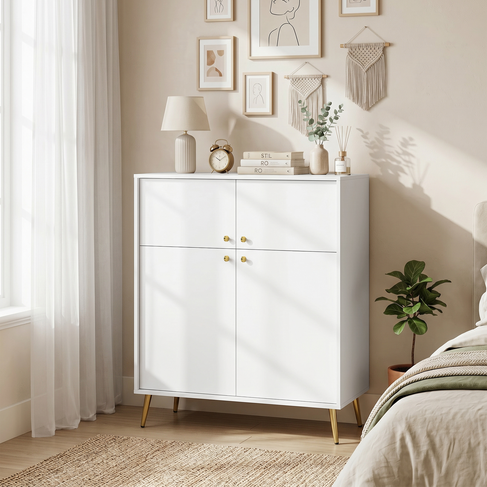 Modernes Sideboard, 105,4 cm Buffet mit Metallfüßen, für Esszimmer & Küche, Cremeweiß