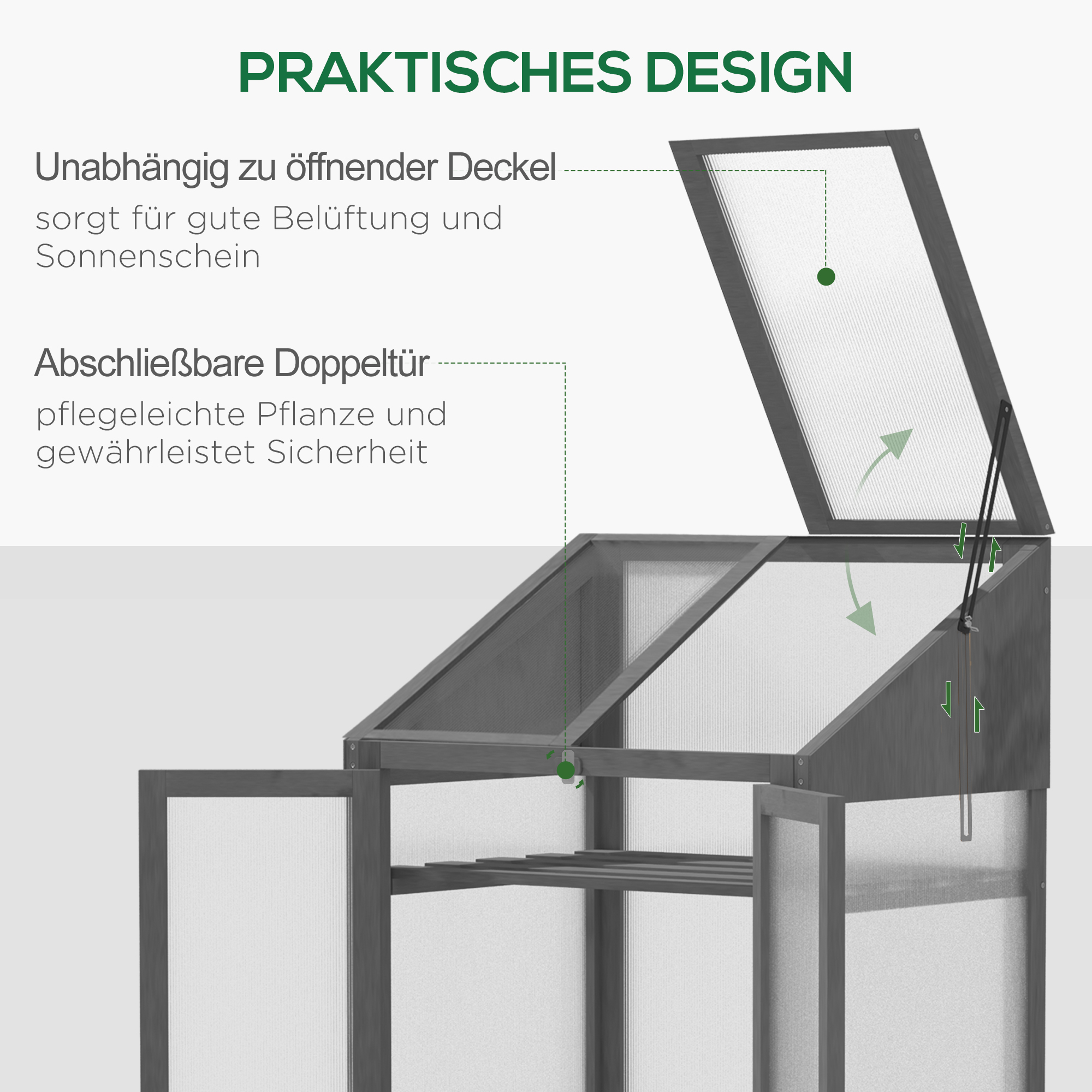 Mini-Gewächshaus, kleines Treibhaus mit Holzrahmen, Fenster und Doppeltür, 3 Regale, 70L x 50B x 120H cm, Grau