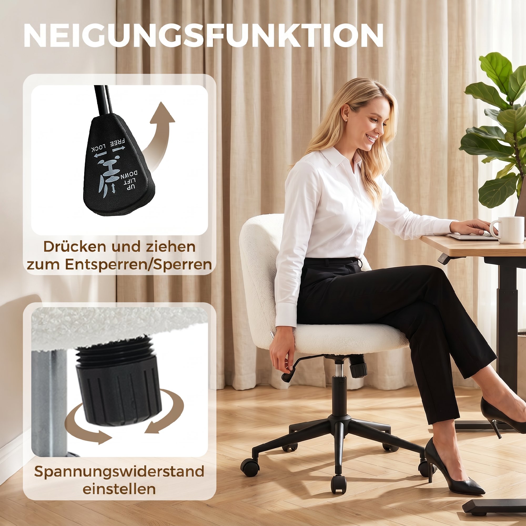 Drehbarer Bürostuhl aus Teddyfleece, höhenverstellbar, mit Rollen, Komfortschaum, Creme