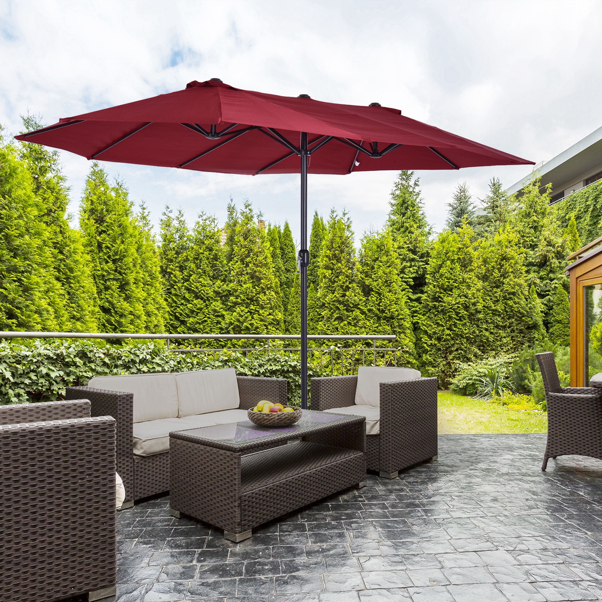 Doppelsonnenschirm 455 x 270 cm Gartenschirm mit Handkurbel oval stabil Metallstange Marktschirm Doppelsonnenschirm Terrassenschirm Sonnenschutz für Strand Balkon Terrasse Garten Weinrot