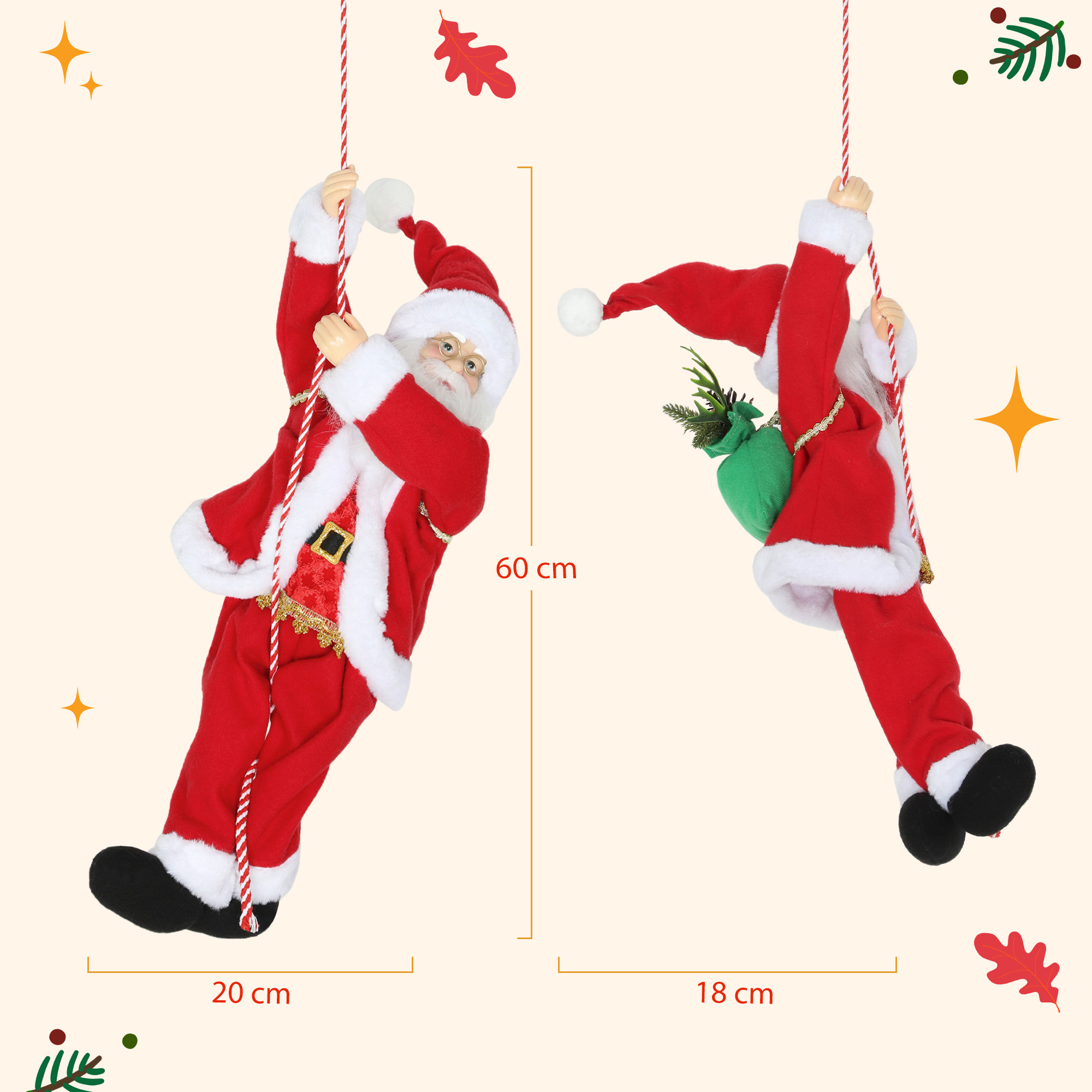 Weihnachtsmann 60 cm Singend und Kletternd Weihnachtsmann mit Geschenk Seil Soundfunktion Indoor, Rot