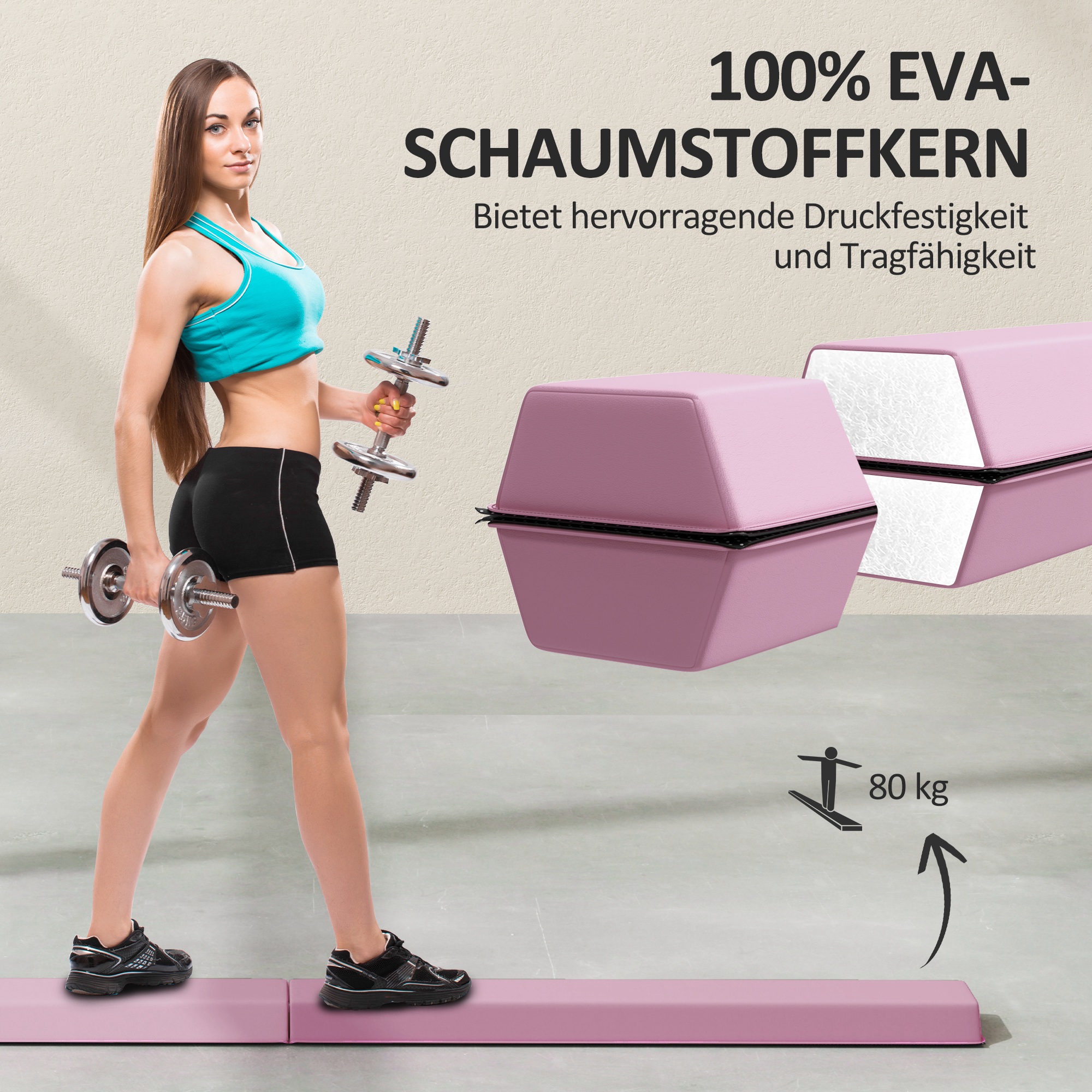 Schwebebalken 2,4 m, faltbar, rutschfester Boden, für 3+ Jahre, bis 80 kg, Rosa
