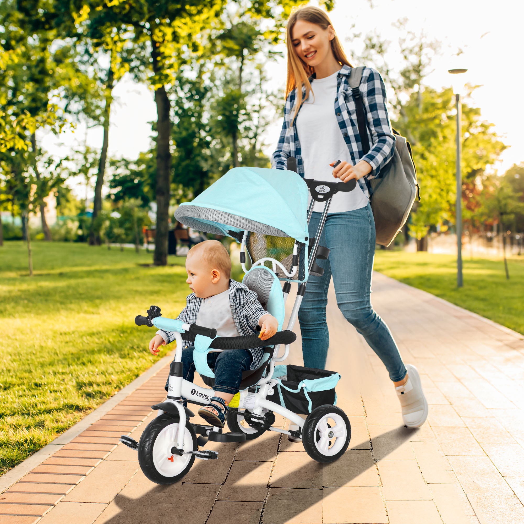 6-in-1 Kinderdreirad mit Schiebestange, Dach, Gurt, Ablagekorb, für 1-5 Jahre, Grün