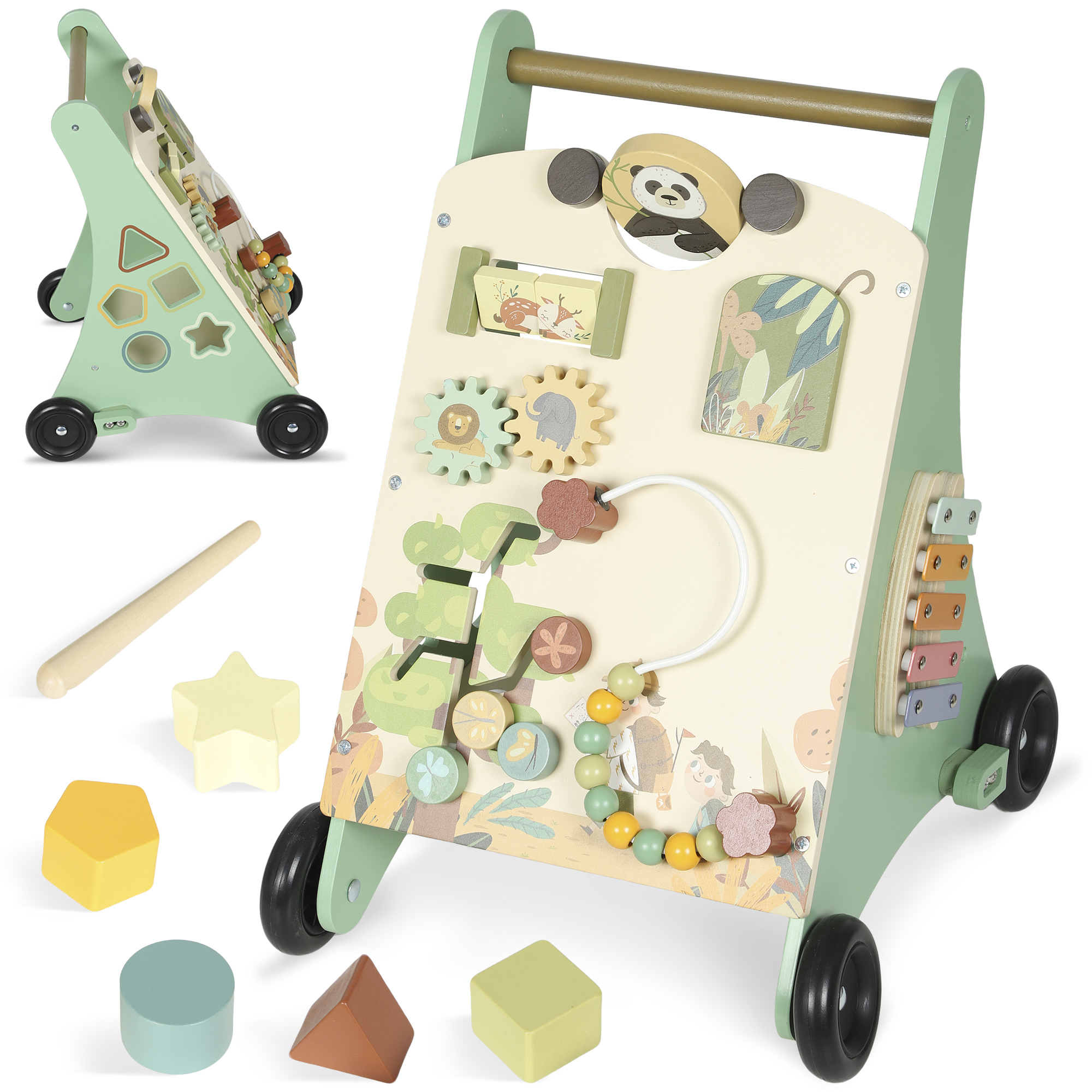 Lauflernwagen Holz Montessori Lauflernhilfe mit Geschwindigkeitskontrolle, Xylophon, Zahnrädern und Perlenlabyrinth Grün