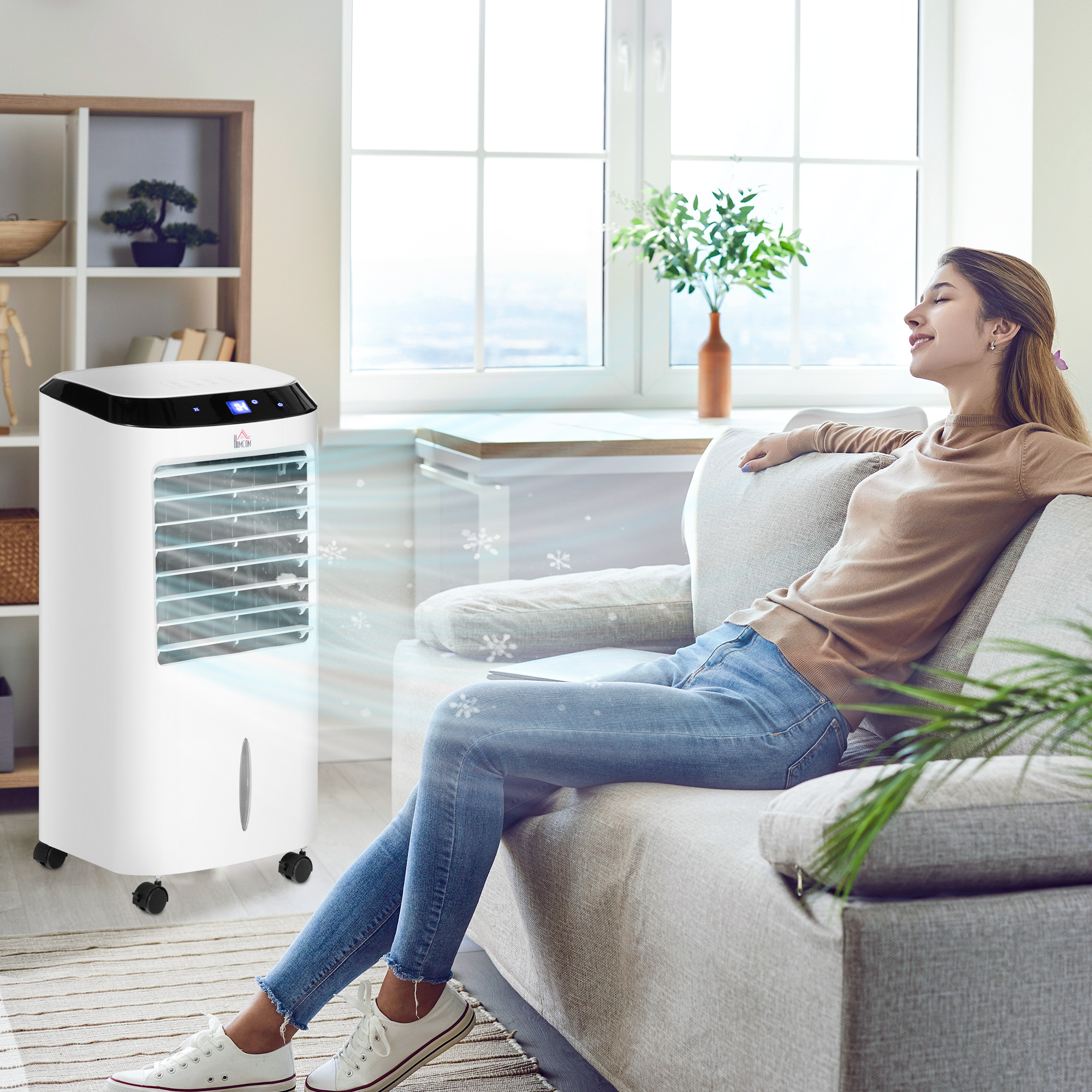 10L 4 in 1 Mobile Klimaanlage mit Luftbefeuchtung Wasserkühlung Klimagerät Luftkühler 8h Timer Fernbedienung Nutzungsraum 20? 60W ABS Weiß+Schwarz 38,2 x 31,6 x 76 cm