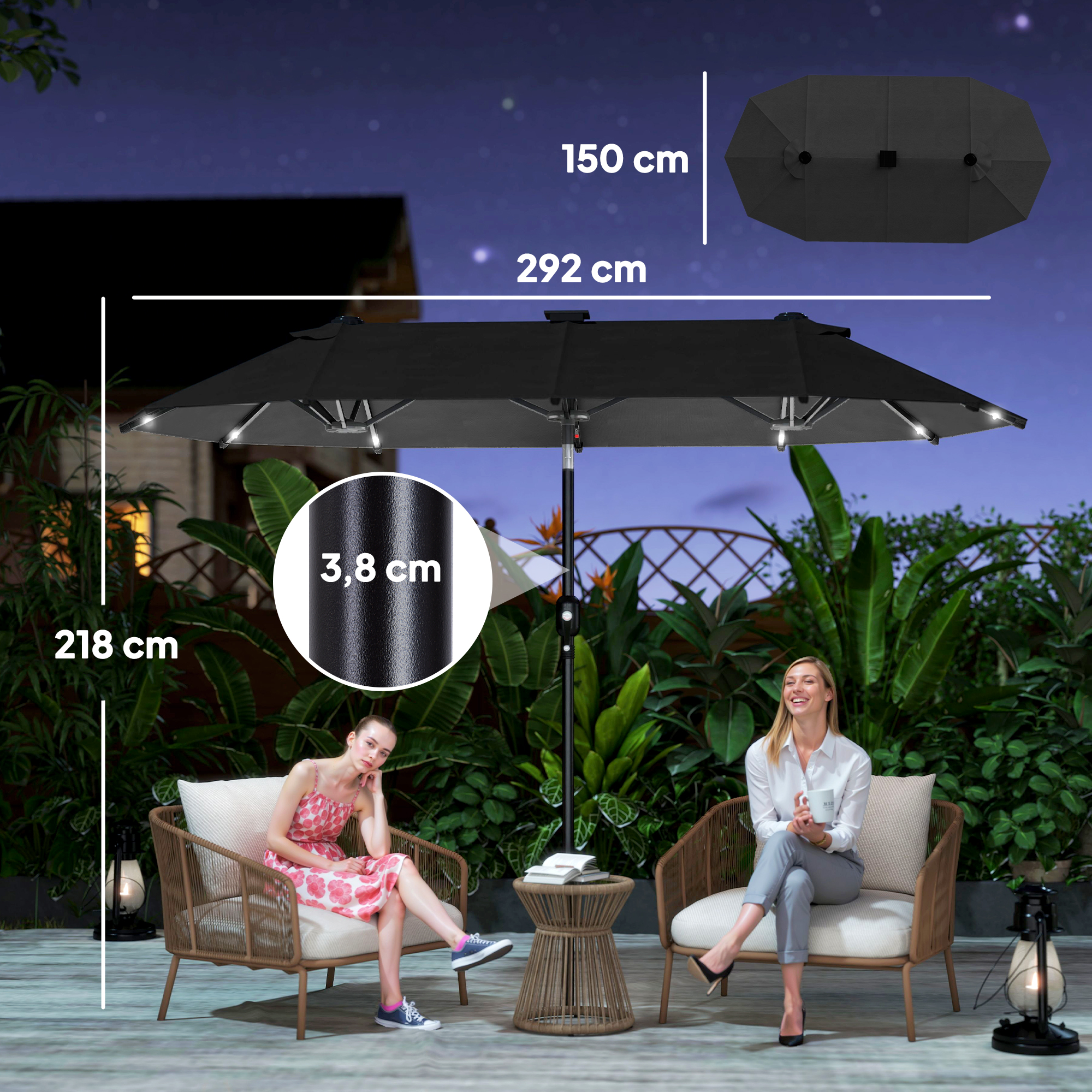 Doppelschirm, Terrassenschirm, neigbar, mit Solarpaneel, 35 LEDs, Stahlrahmen, grau, 2,92 x 1,50 x 2,18 m