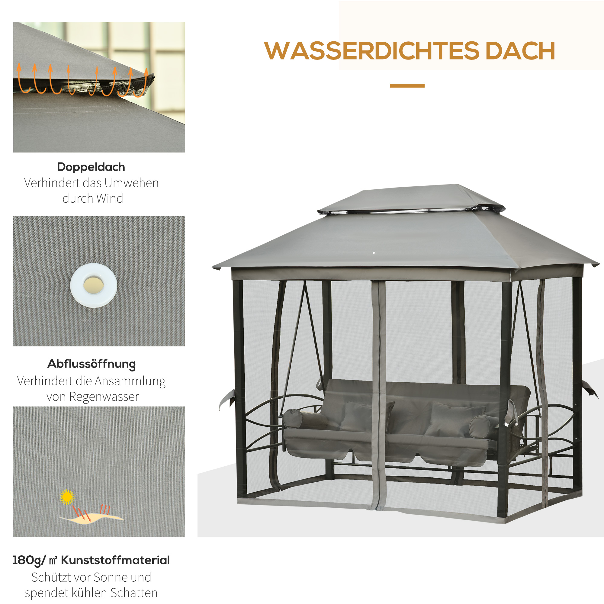Hollywoodschaukel Gartenschaukel Schaukel mit Seitenwänden 3-Sitzer Grau 256 x 172 x 248 cm