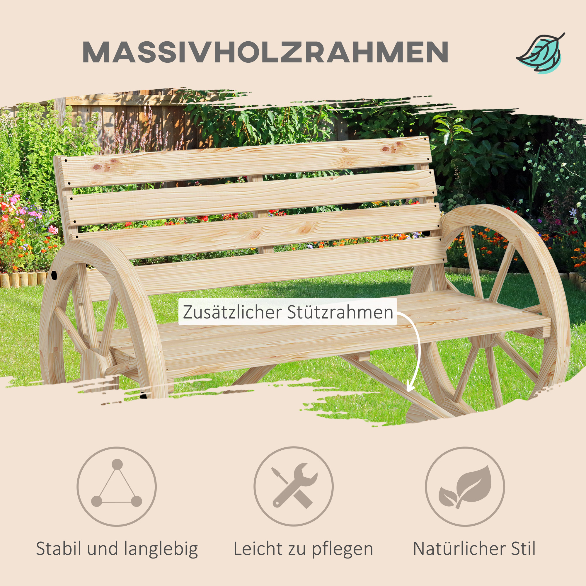 Gartenbank, Wagenrad-Design, für 2 Personen, Naturholz, dunkelbraun, 105,5 x 56 x 79 cm, Natur