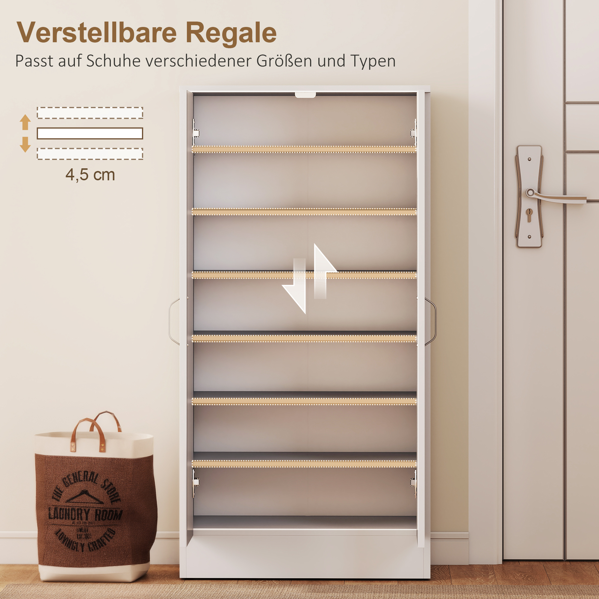 Schuhschrank mit Soft-Close-Scharnieren, verstellbare Regale, 6-stufiges Schuhregal für Flur, Eingangsbereich, für 14 Paare, 55 x 35 x 108 cm, Holz, Weiß