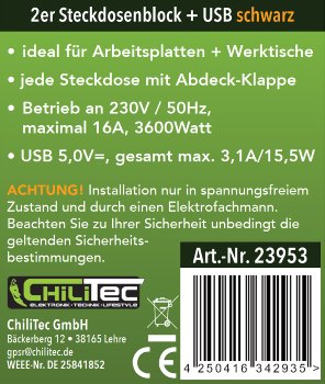 2-fach Steckdosenblock, USB-A+C, schwarz, 250V~/ 16A, USB 3,1A, PD, mit Klappen