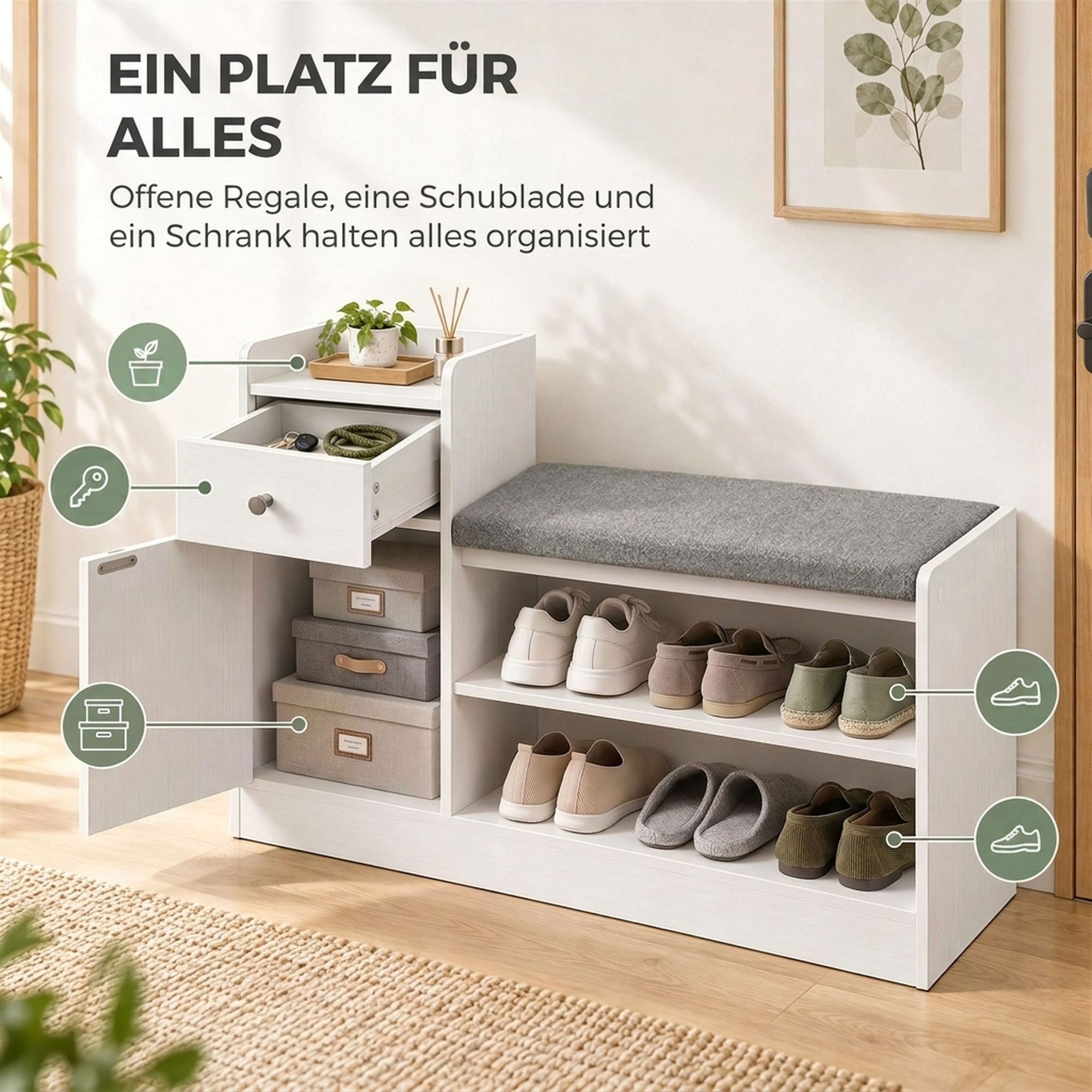 Schuhbank mit Sitzkissen Schublade und offenen Ablagen Flurbank 90x29,8x67,8cm Weiß