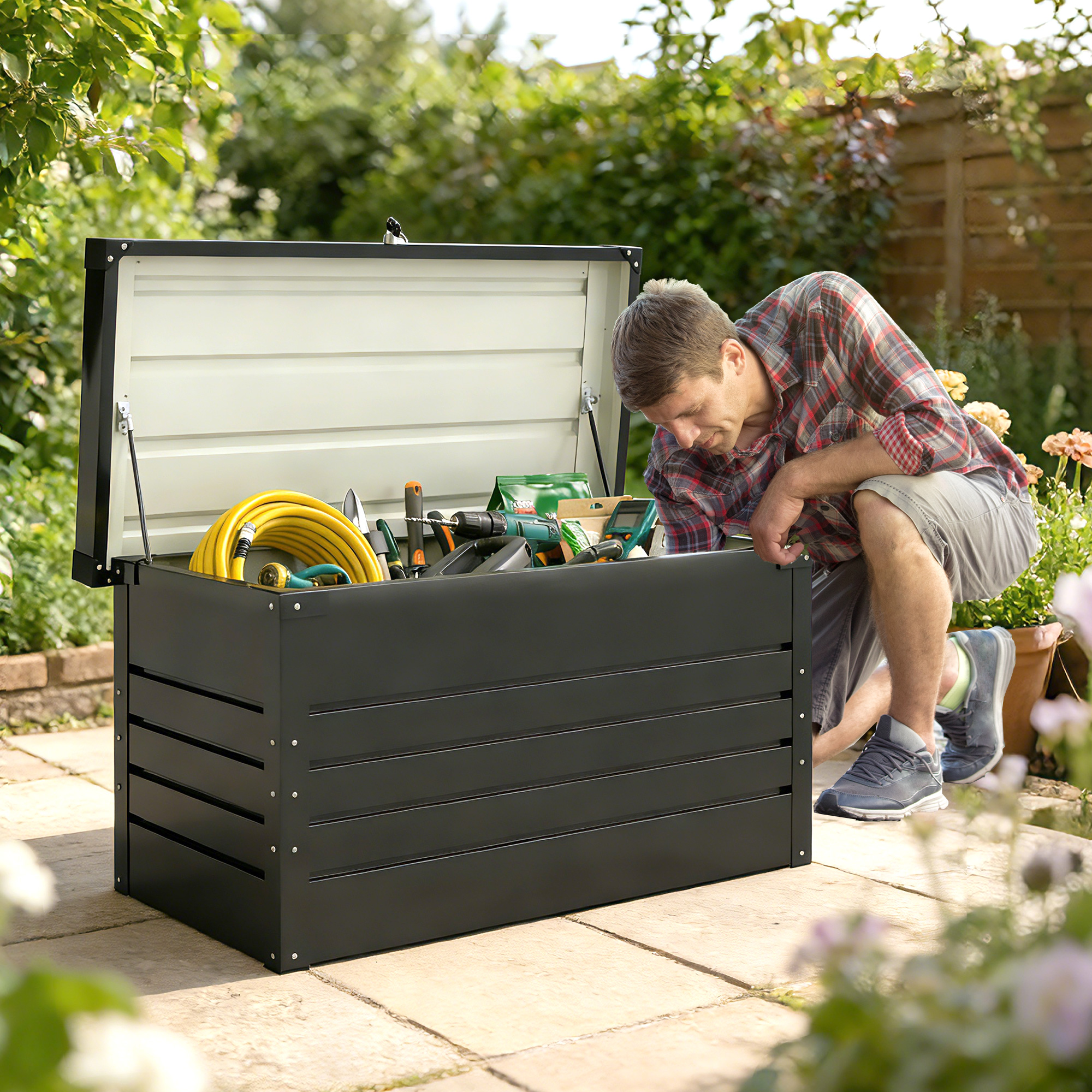 Gartenbox Metall 350L Kissenbox mit doppelwandig Deckel 120 x 61 x 62 cm Wasserdicht Abschließbar Grau