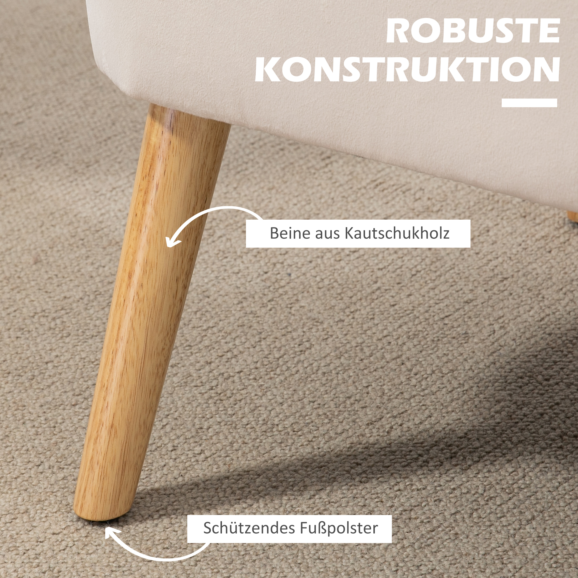 Sofa Retrodesign 2-Sitzer-Sofa, Holzbeine, 117 cm x 56,5 cm x 77 cm, Cremeweiß