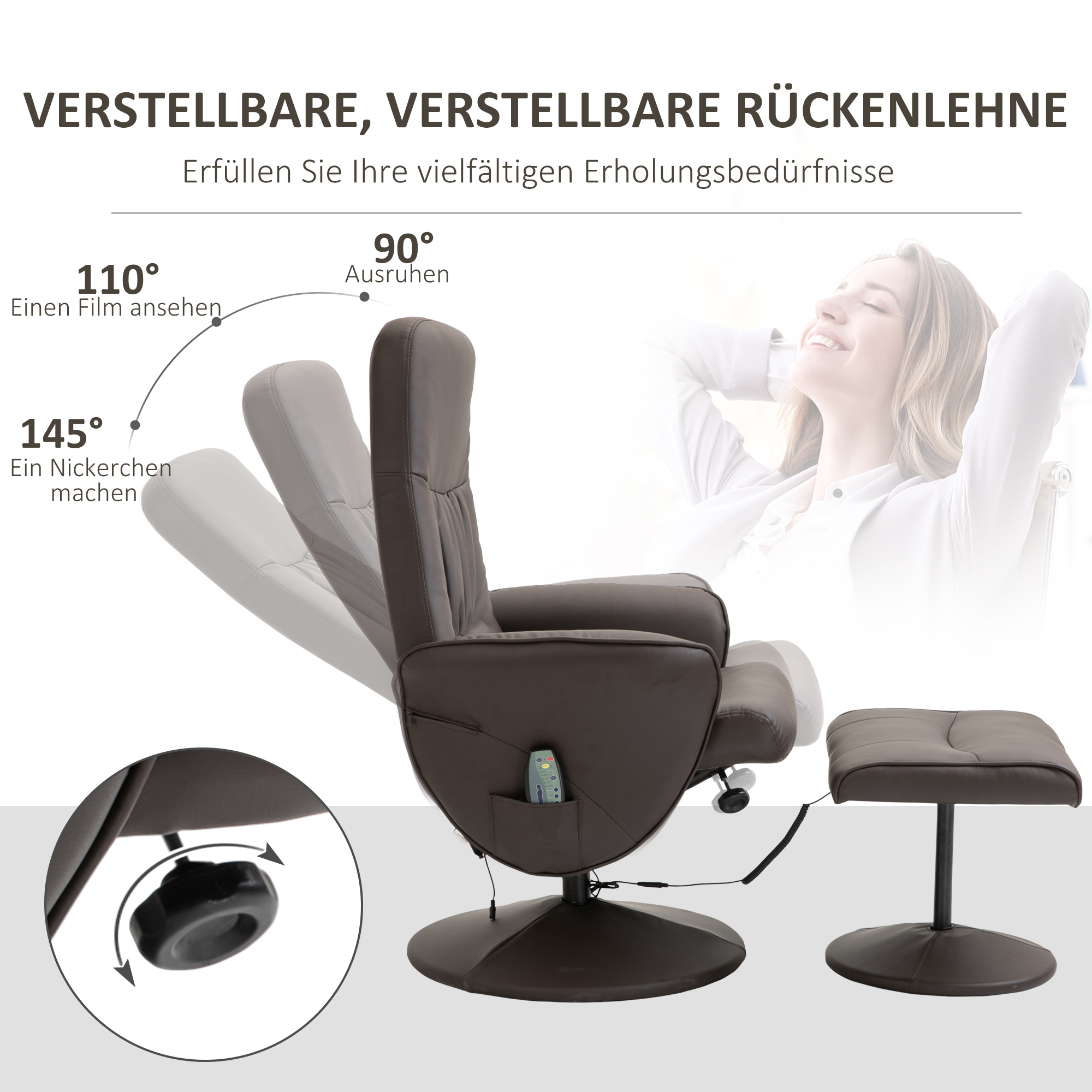 Relaxsessel mit Hocker, drehbarer Fernsehsessel mit 10 Massagepunkte, Liegefunktion, Massagesessel mit Fernbedienung, Seitentasche, TV-Sessel, Kunstleder, Braun