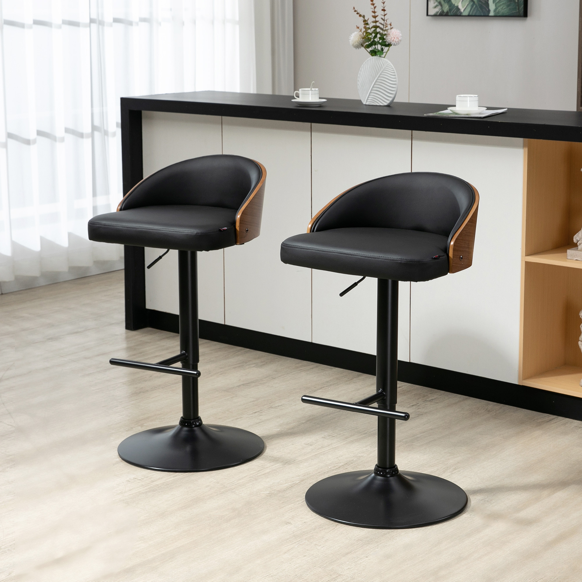 Barhocker 2er Set, Gepolstert Barstuhl aus Stahl und Massivholz, Höhenverstellbar Küchenstühle mit Fußstütze, 360° Drehbar, Tresenhocker für Küche, Wohnzimmer, Esszimmer, Schwarz+Kaffee
