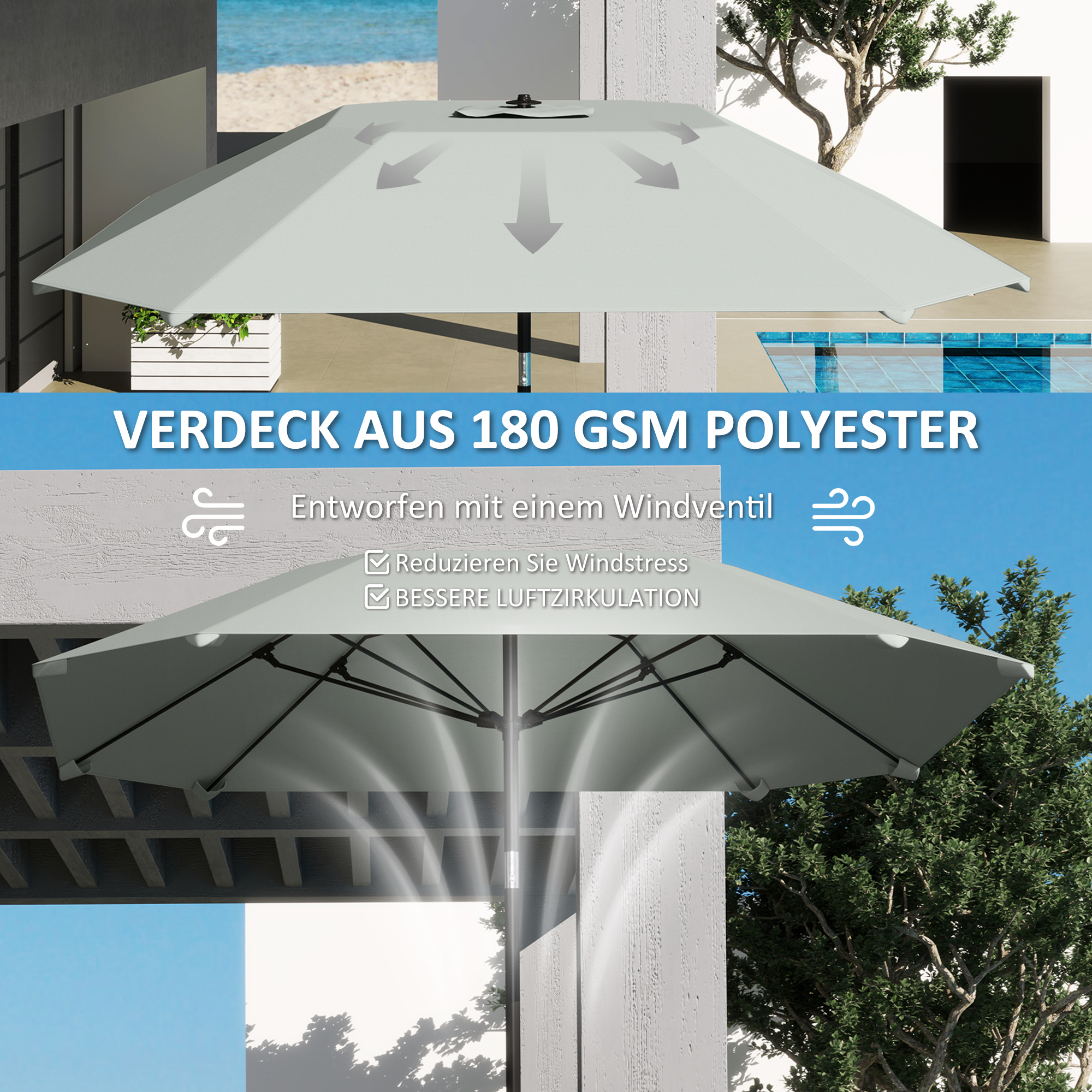 2,3 m Sonnenschirm ohne Basis, Verstellbarer Terrassenschirm mit Kurbel, Polyester, Aluminium, Fiberglas, Dunkelgrau