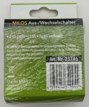 MILOS Wechsel-Schalter, UP, anthrazit / 250V~/ 10A, inkl. Rahmen, Steckanschluss