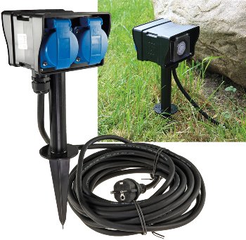 Gartensteckdose mit Erdspieß, 2-fach - IP44, 2m Kabel, Zeitschaltuhr Gartensteckdose mit Erdspieß, 2-fach - IP44, 2m Kabel, Zeitschaltuhr