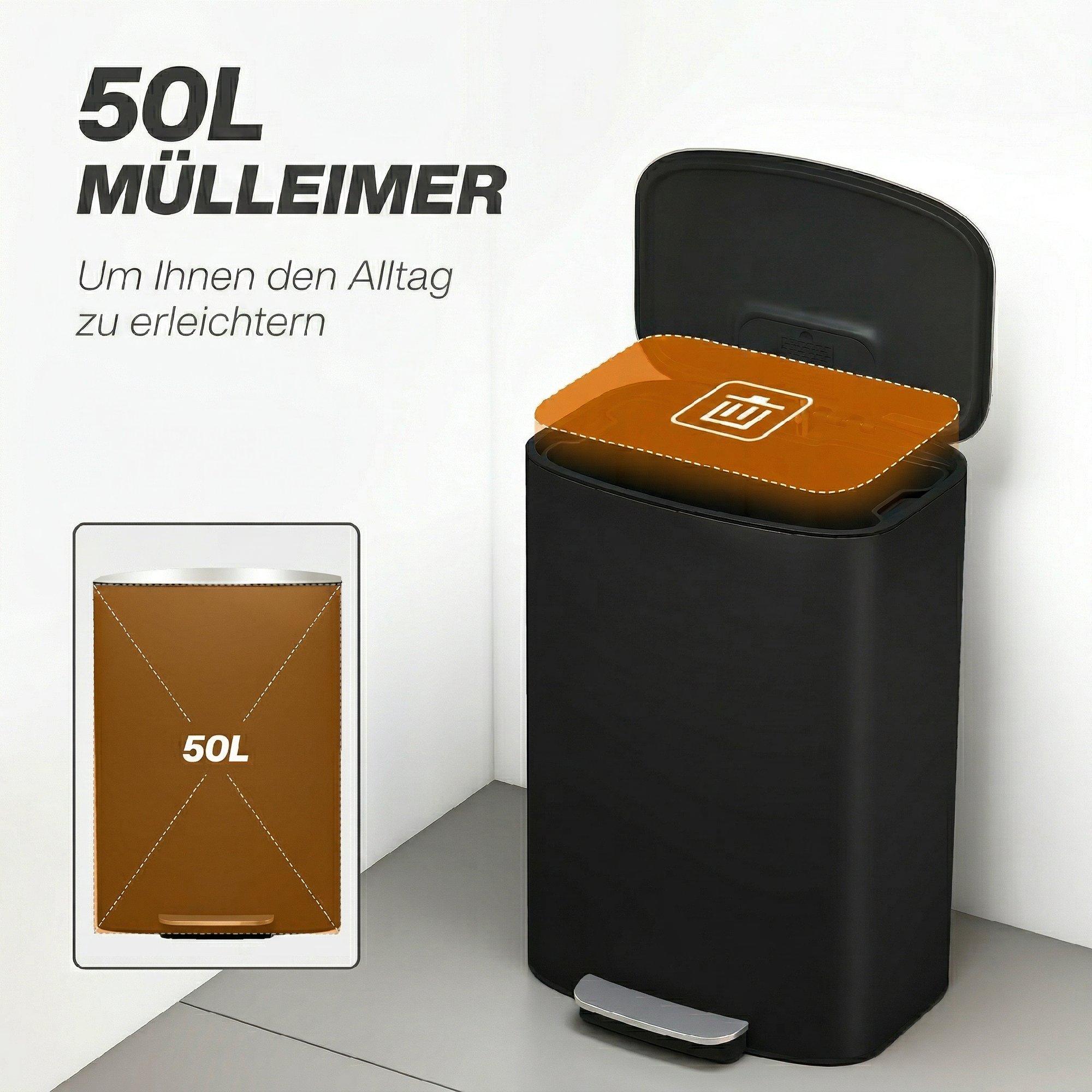 Mülleimer Küche 50 Liter Treteimer mit Bleib-Offen-Funktion, Soft-Close-Deckel, Pedal, Schwarz
