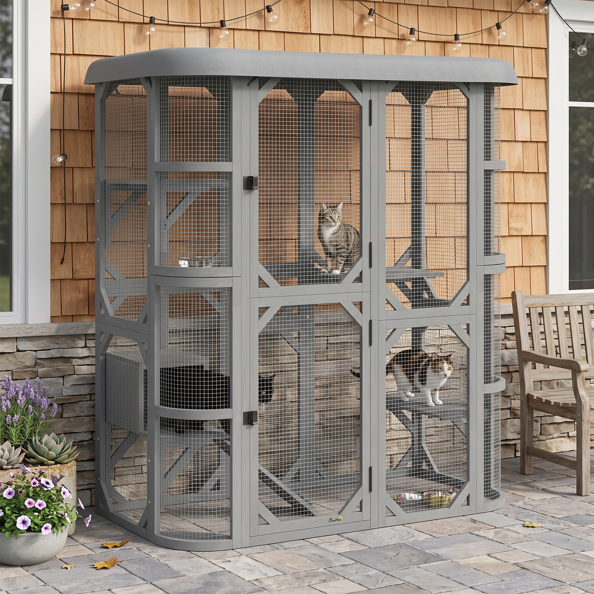 Katzengehege Outdoor begehbar Holz Katzenhaus mit 4 Plattformen wasserabweisend Oxford-Dach 2-3 Katze bis 8 kg